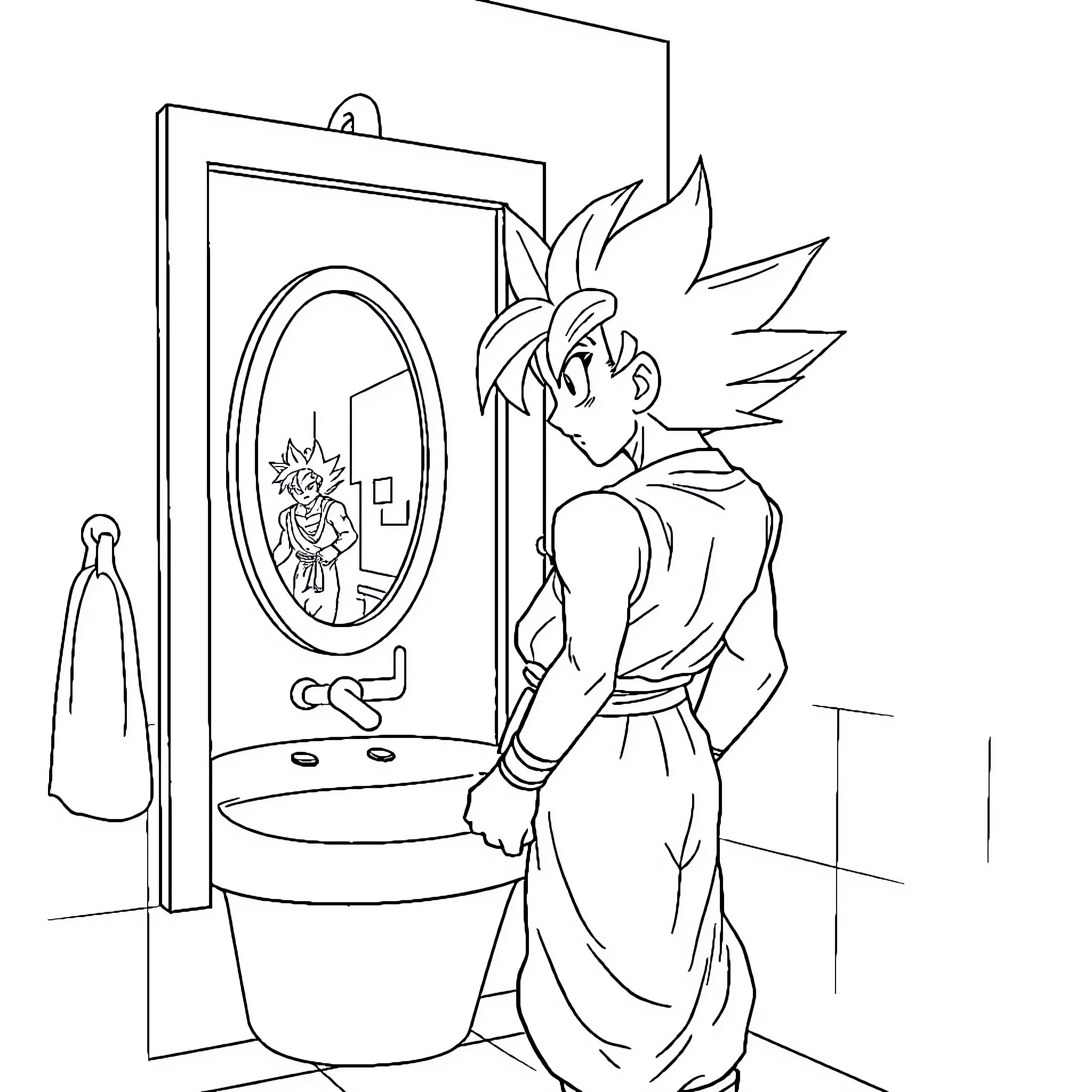 Goku Looking at Himself in the Mirror Coloring Page (free black-and-white line drawing printable PDF for all, from beginners to advanced learners, including children, teens, adults, and seniors)