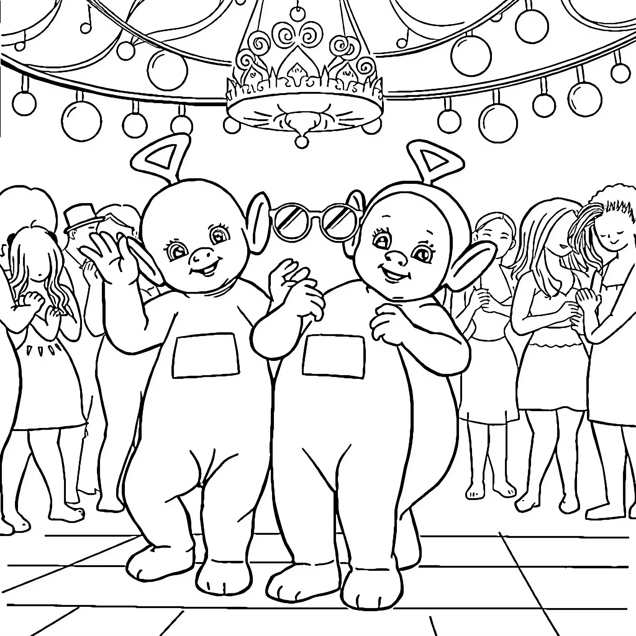 Teletubby characters having a party celebration Coloring Page (free black-and-white line drawing printable PDF for all, from beginners to advanced learners, including children, teens, adults, and seniors)