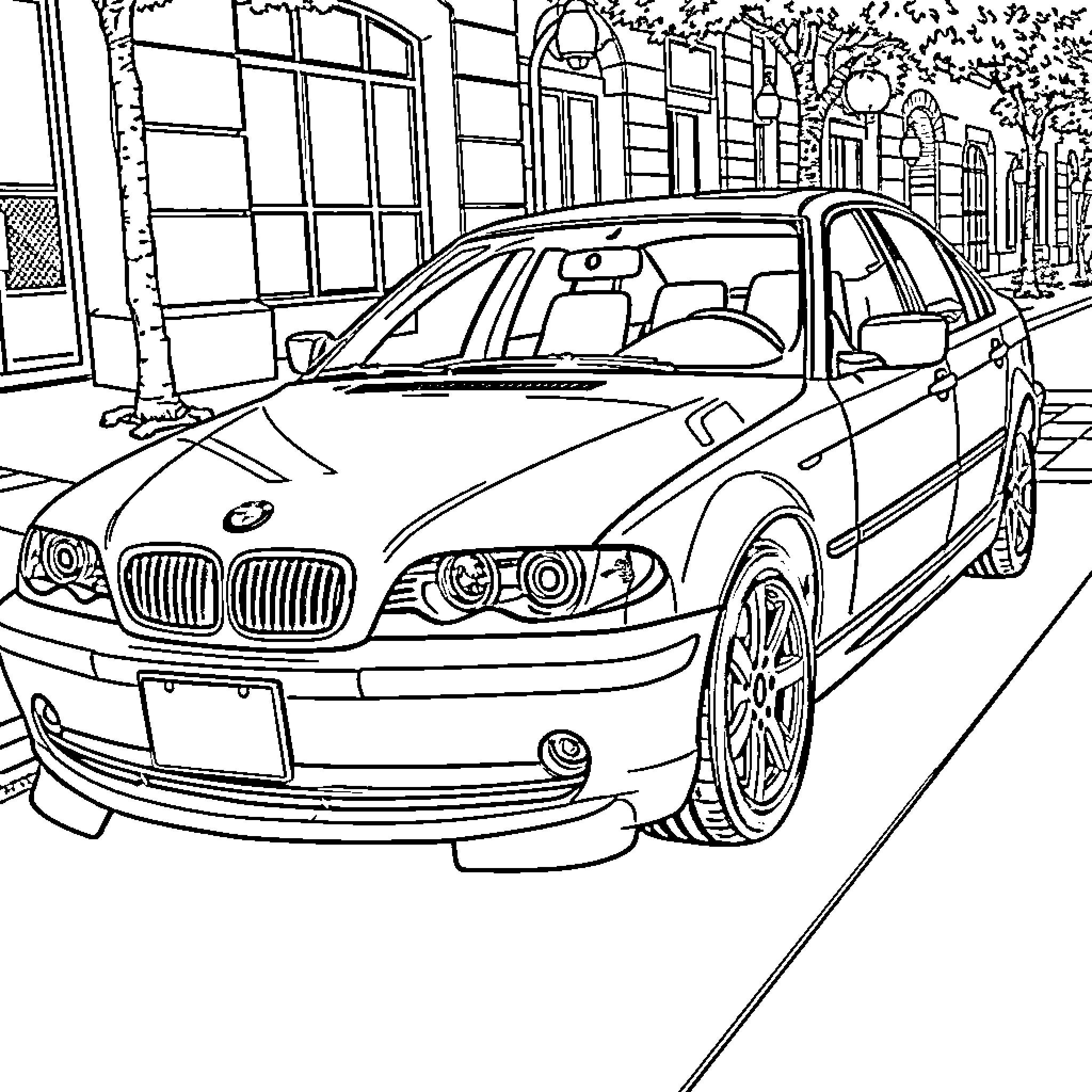 BMW Luxury Sedan on Cityscape Backdrop Coloring Page (free black-and-white line drawing printable PDF for all, from beginners to advanced learners, including children, teens, adults, and seniors)