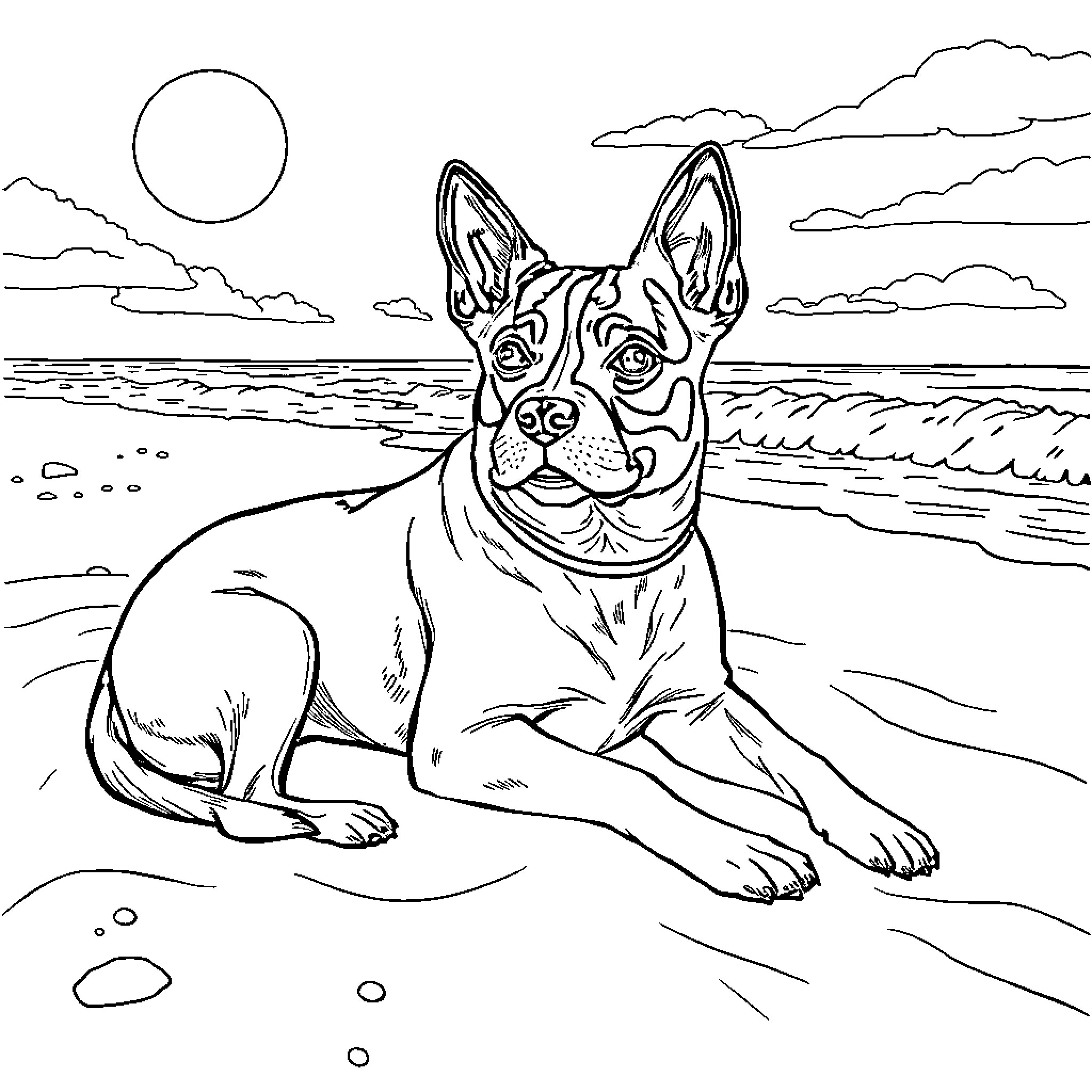 Dog enjoying the beach scenery Coloring Page (free black-and-white line drawing printable PDF for all, from beginners to advanced learners, including children, teens, adults, and seniors)