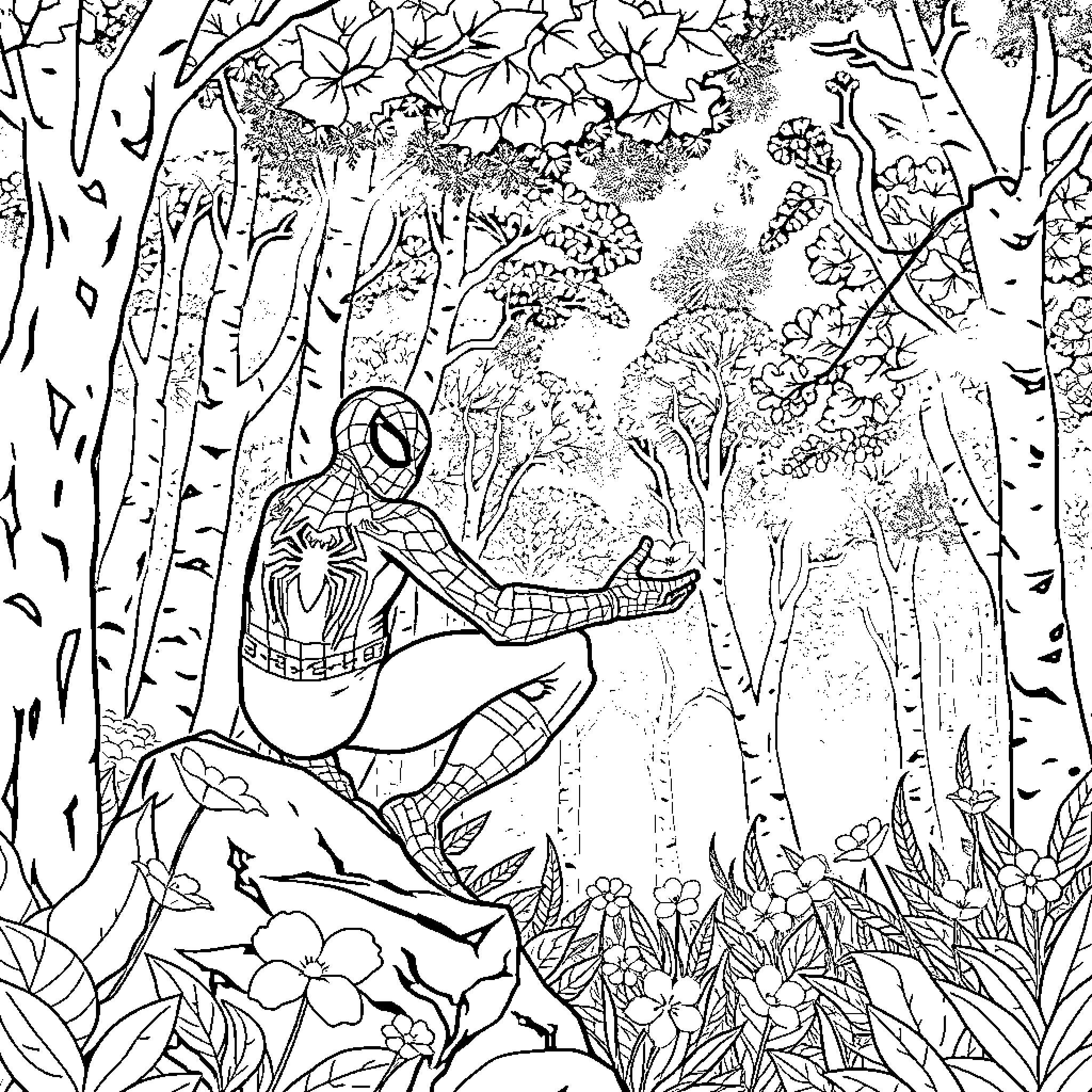 Spiderman relaxes in a serene forest landscape Coloring Page (free black-and-white line drawing printable PDF for all, from beginners to advanced learners, including children, teens, adults, and seniors)