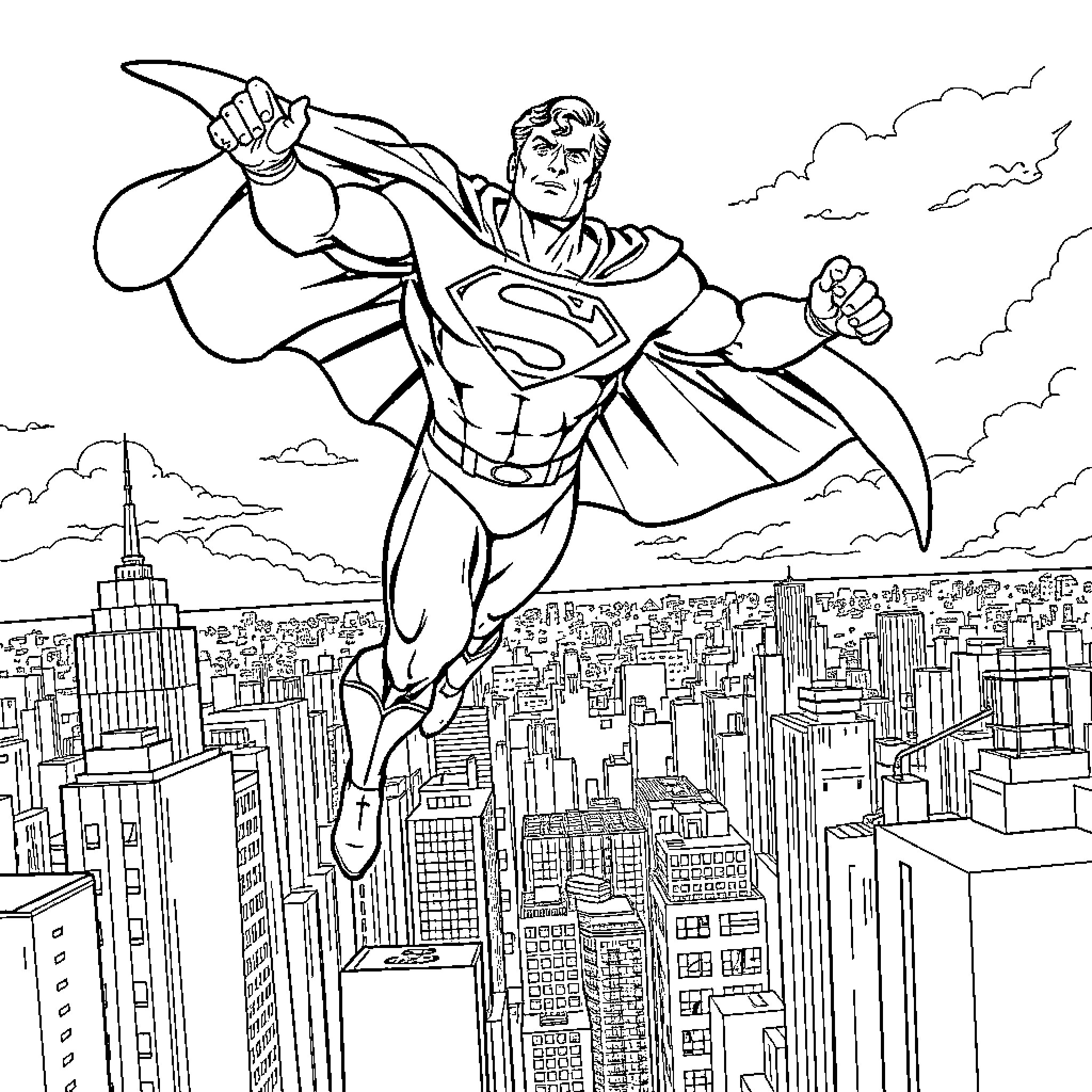Superman soaring over the city skyline Coloring Page (free black-and-white line drawing printable PDF for all, from beginners to advanced learners, including children, teens, adults, and seniors)