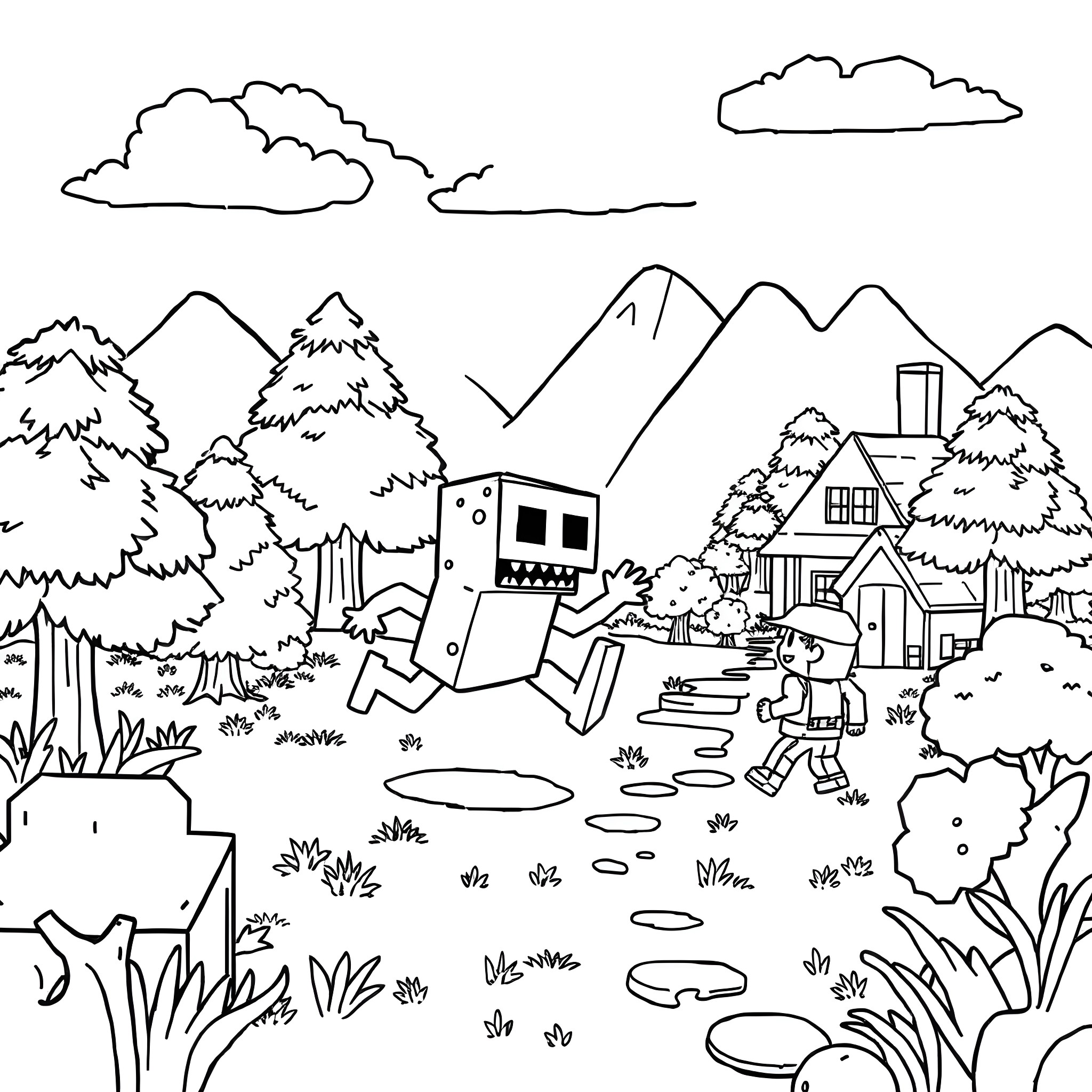 Creeper scares hikers in the forest Coloring Page (free black-and-white line drawing printable PDF for all, from beginners to advanced learners, including children, teens, adults, and seniors)
