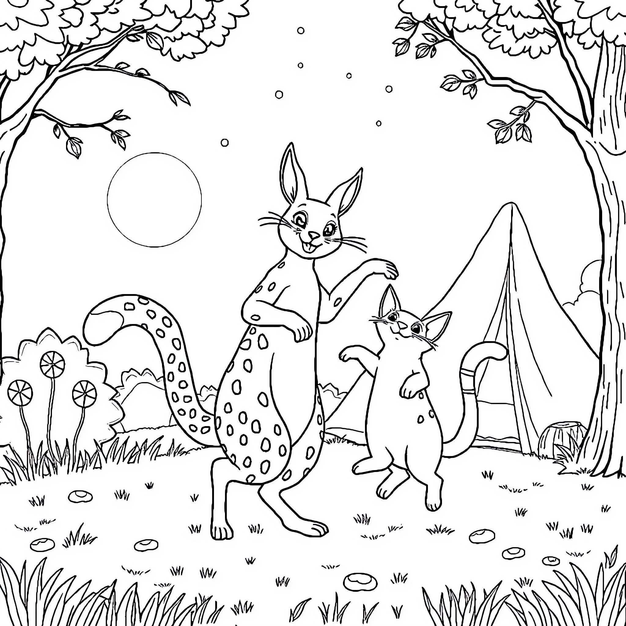 Fox and friends exploring the enchanted forest Coloring Page (free black-and-white line drawing printable PDF for all, from beginners to advanced learners, including children, teens, adults, and seniors)