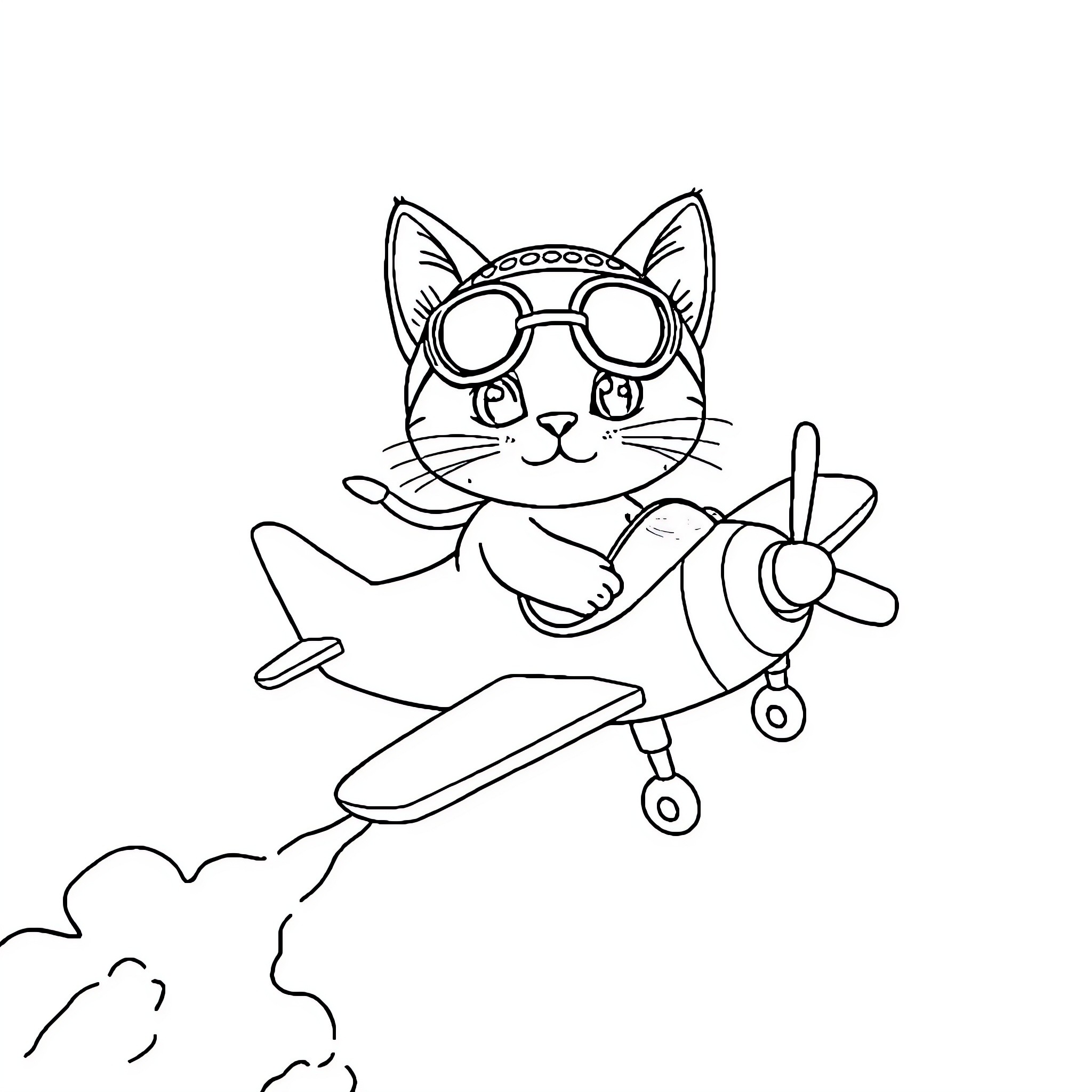 Cat flying a toy airplane Coloring Page (free black-and-white line drawing printable PDF for all, from beginners to advanced learners, including children, teens, adults, and seniors)