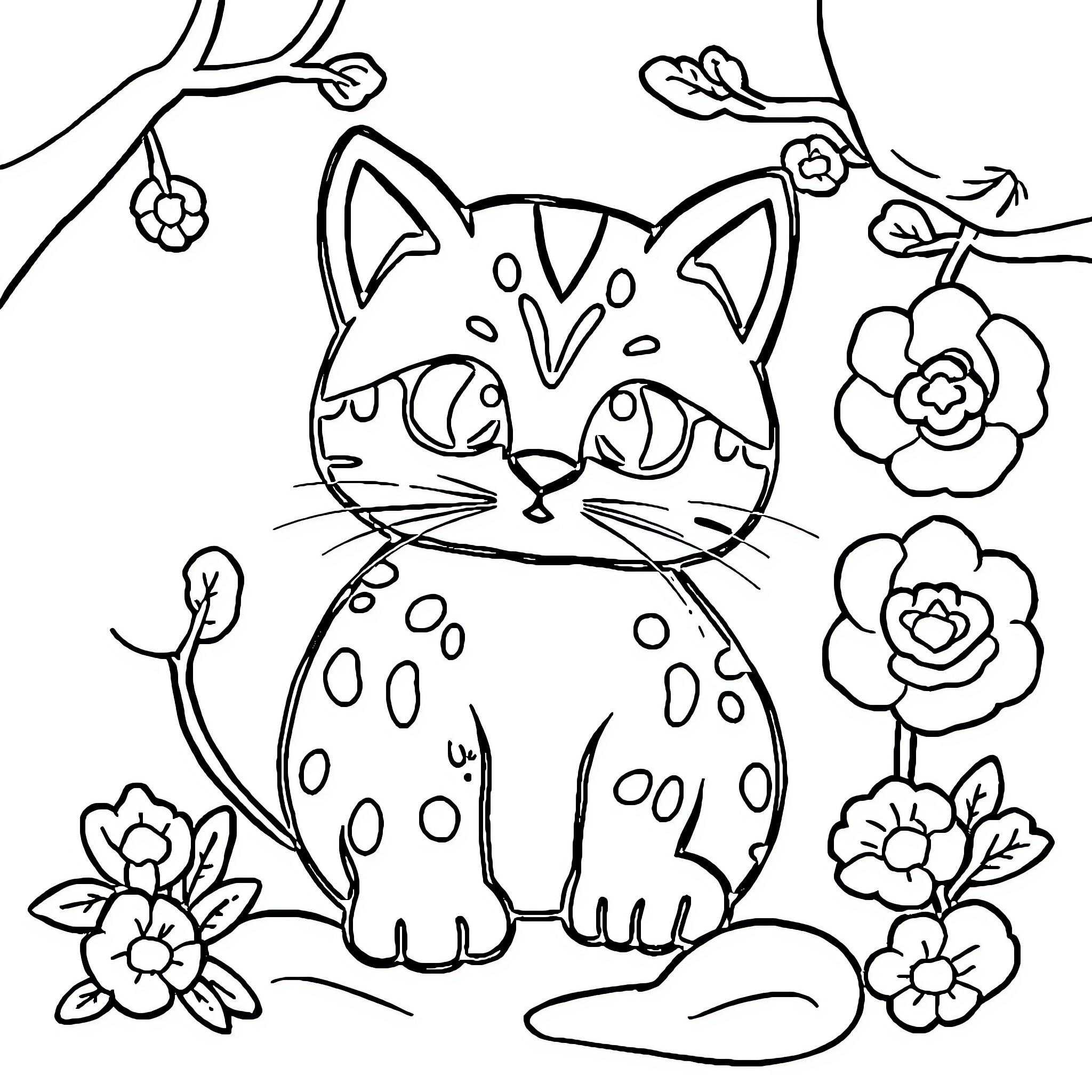 Shinchan sitting with flowers and butterflies Coloring Page (free black-and-white line drawing printable PDF for all, from beginners to advanced learners, including children, teens, adults, and seniors)