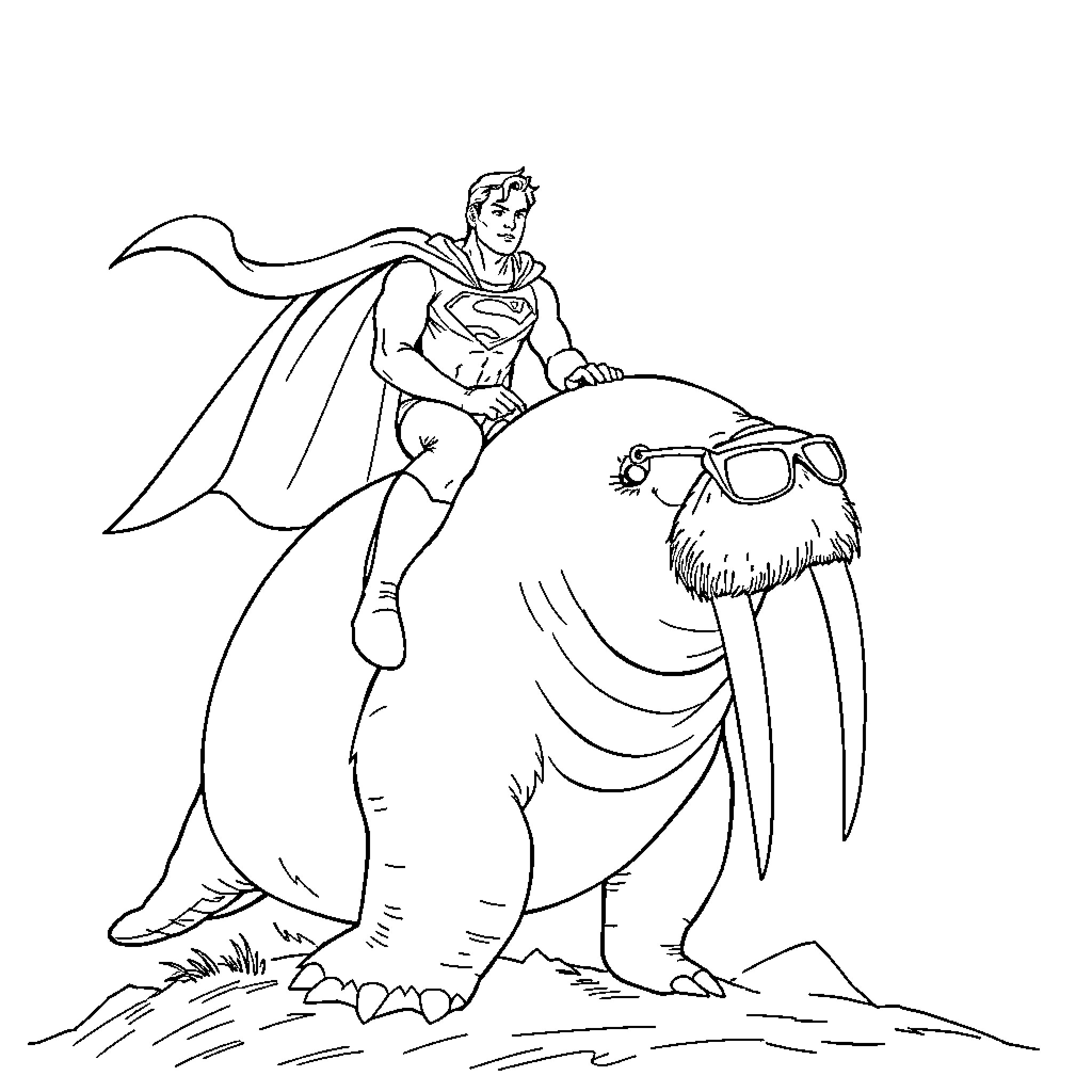 Superman assisting a quirky creature in an unusual scene Coloring Page (free black-and-white line drawing printable PDF for all, from beginners to advanced learners, including children, teens, adults, and seniors)