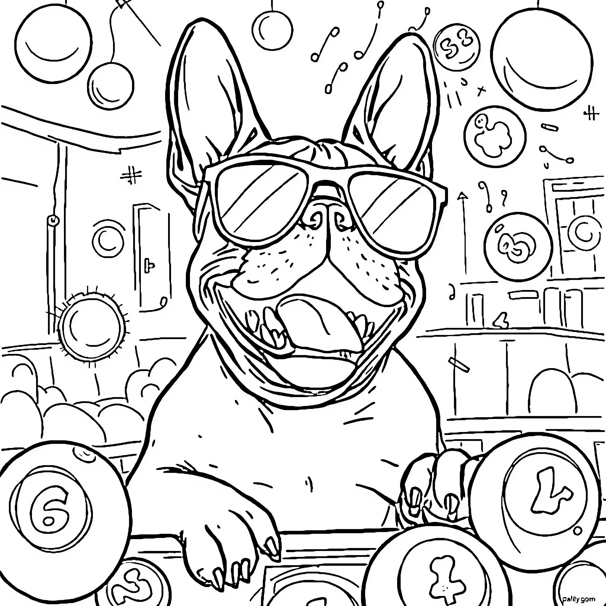 Boston Terrier with Sunglasses in Playful Surroundings Coloring Page (free black-and-white line drawing printable PDF for all, from beginners to advanced learners, including children, teens, adults, and seniors)