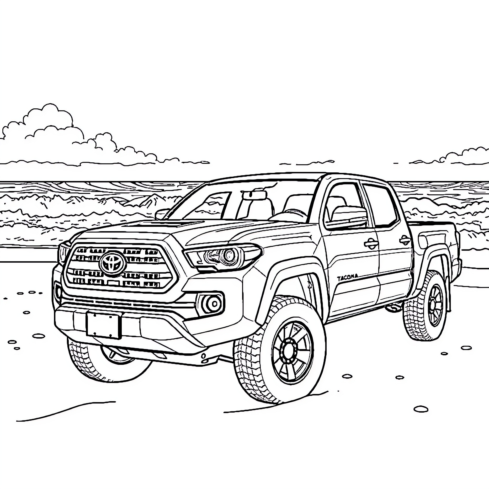 Toyota Tacoma off-road adventure in rugged terrain Coloring Page (free black-and-white line drawing printable PDF for all, from beginners to advanced learners, including children, teens, adults, and seniors)