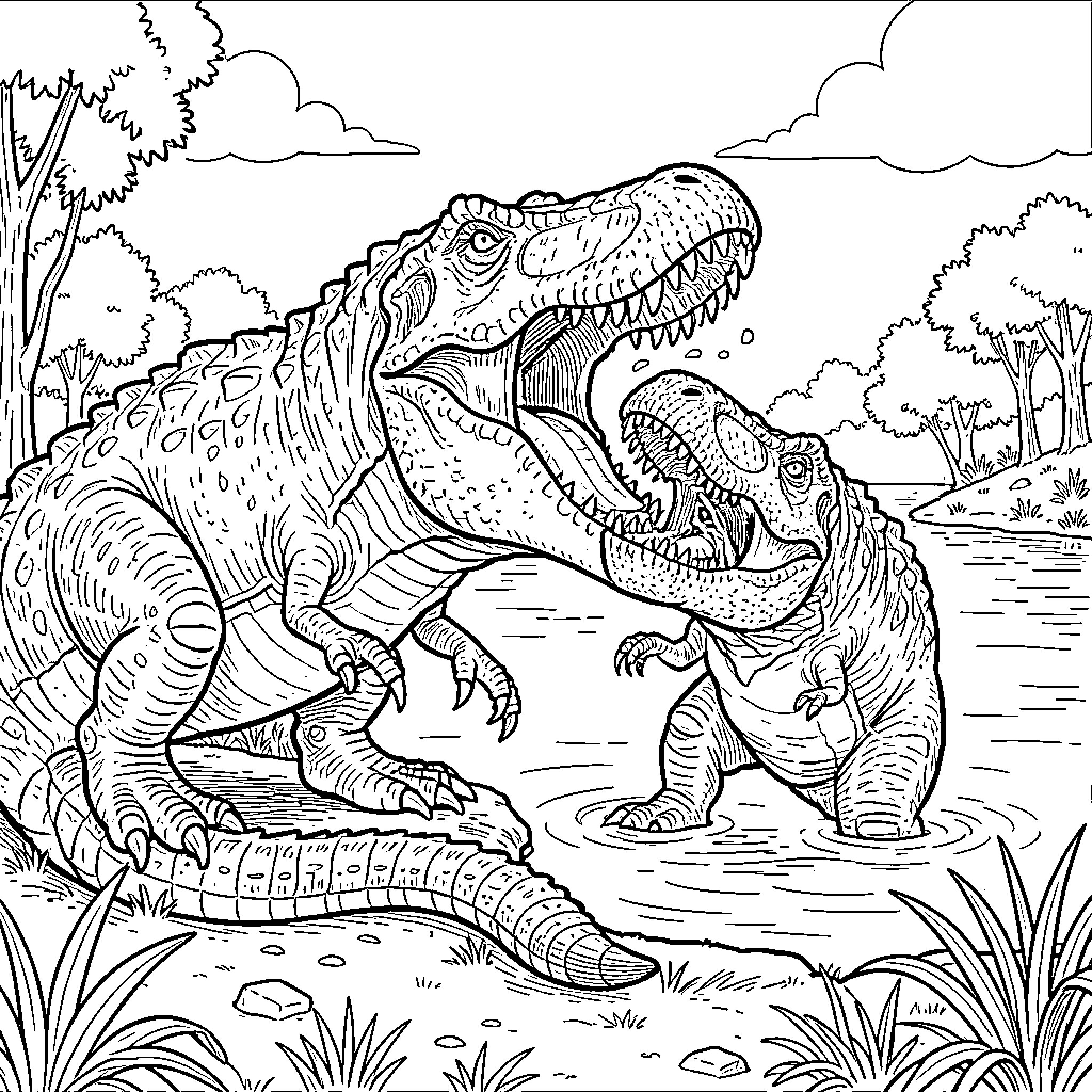 Deinosuchus hunting in the prehistoric swampland Coloring Page (free black-and-white line drawing printable PDF for all, from beginners to advanced learners, including children, teens, adults, and seniors)