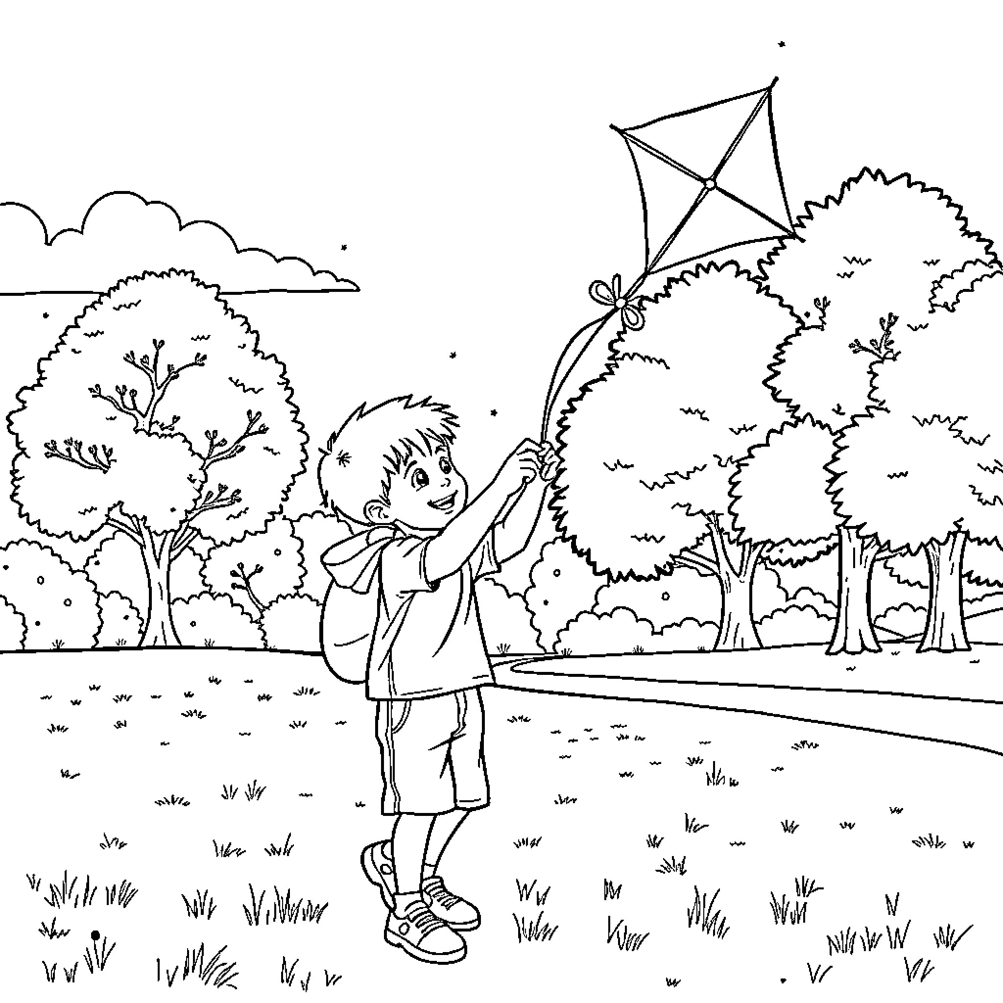 Boy flying a kite in the park Coloring Page (free black-and-white line drawing printable PDF for all, from beginners to advanced learners, including children, teens, adults, and seniors)