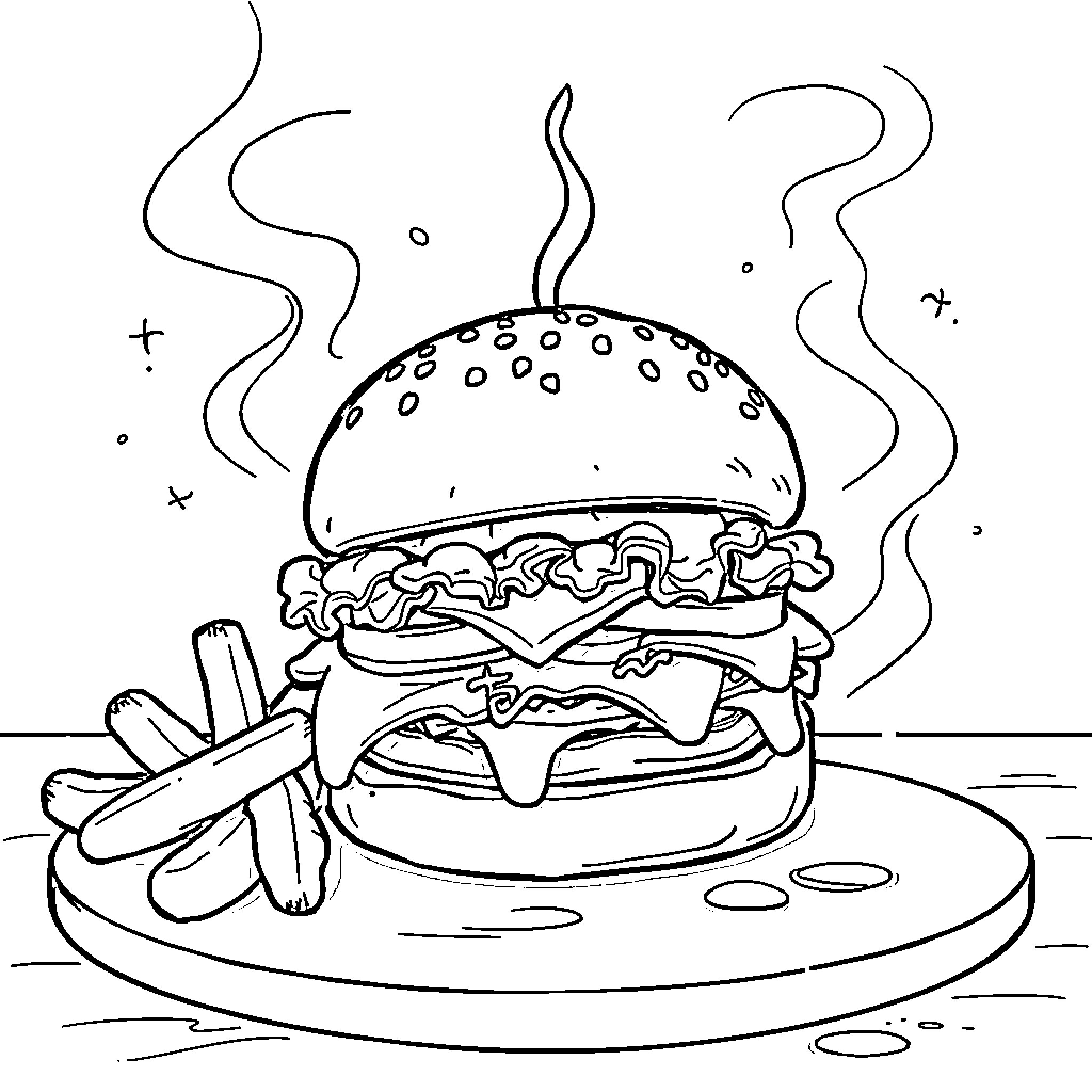 Scarafaggio enjoying a delectable burger Coloring Page (free black-and-white line drawing printable PDF for all, from beginners to advanced learners, including children, teens, adults, and seniors)