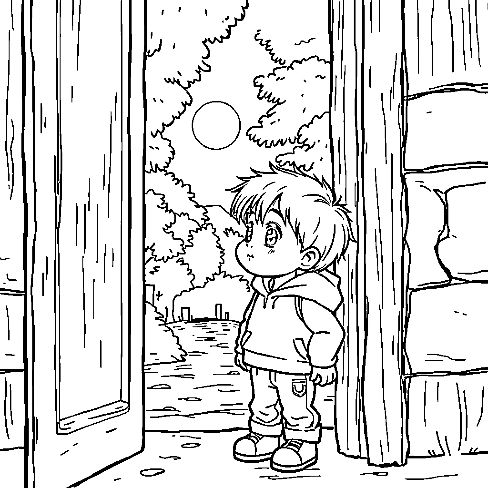Enfant gazing out window at moonlit landscape Coloring Page (free black-and-white line drawing printable PDF for all, from beginners to advanced learners, including children, teens, adults, and seniors)