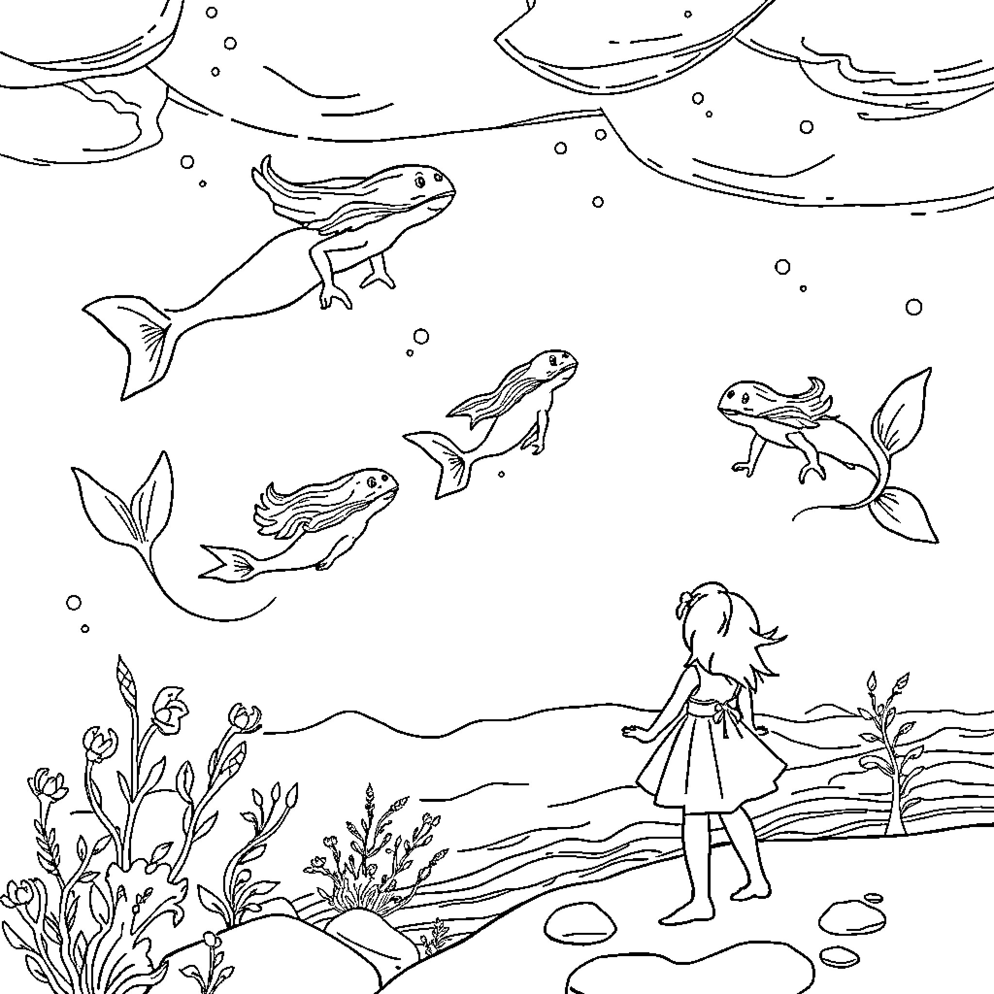 Mermaid girl exploring the underwater world Coloring Page (free black-and-white line drawing printable PDF for all, from beginners to advanced learners, including children, teens, adults, and seniors)
