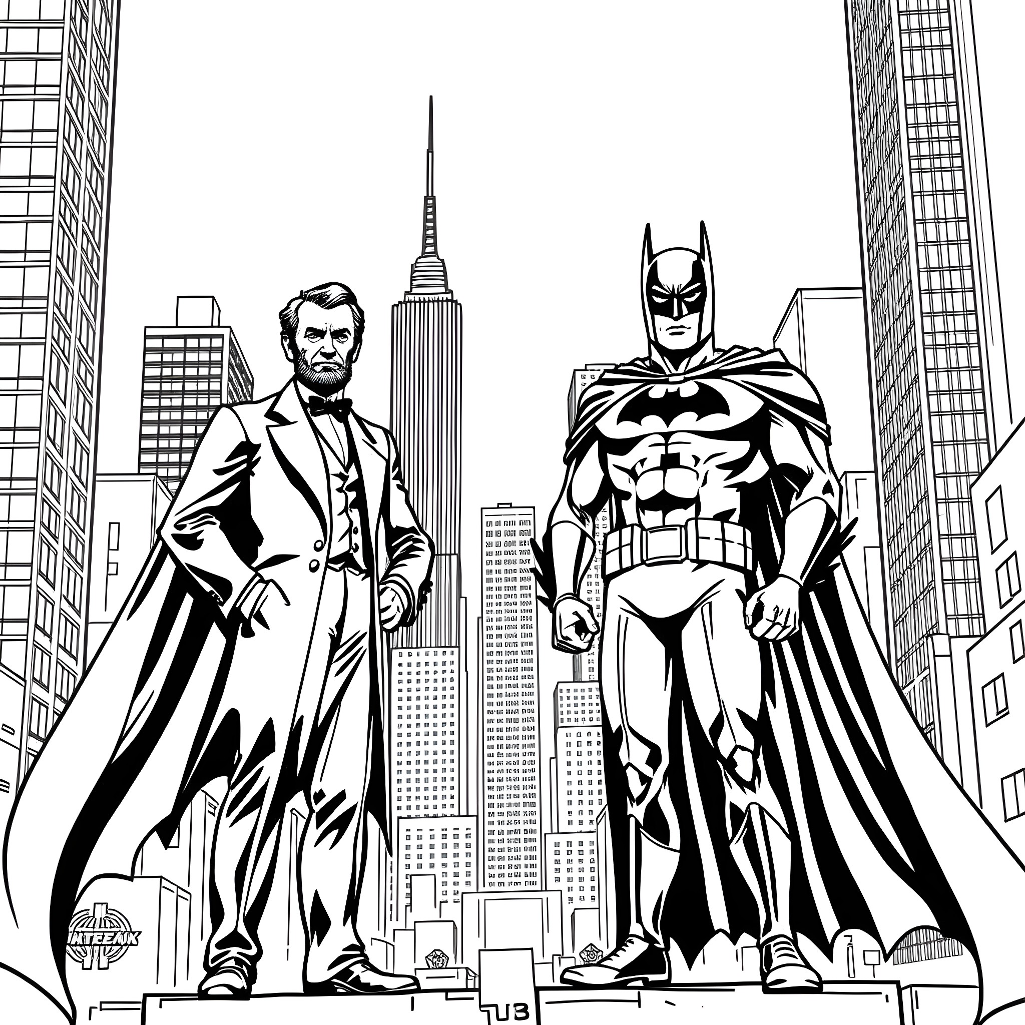 Abraham Lincoln and Batman in the city Coloring Page (free black-and-white line drawing printable PDF for all, from beginners to advanced learners, including children, teens, adults, and seniors)