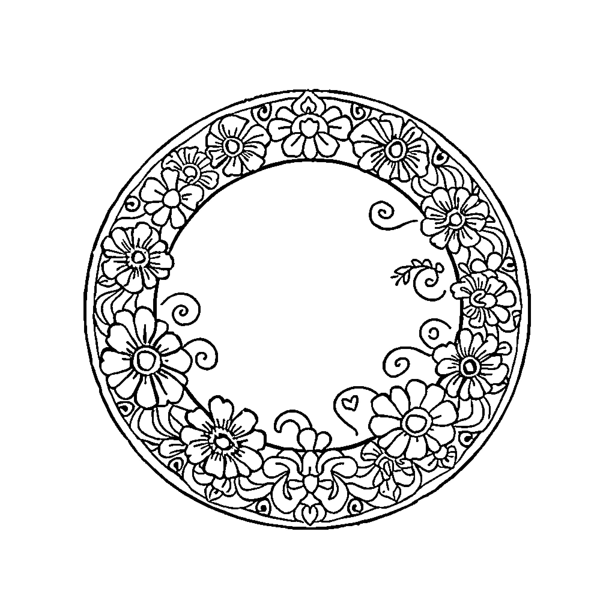 Plate with intricate floral pattern Coloring Page (free black-and-white line drawing printable PDF for all, from beginners to advanced learners, including children, teens, adults, and seniors)