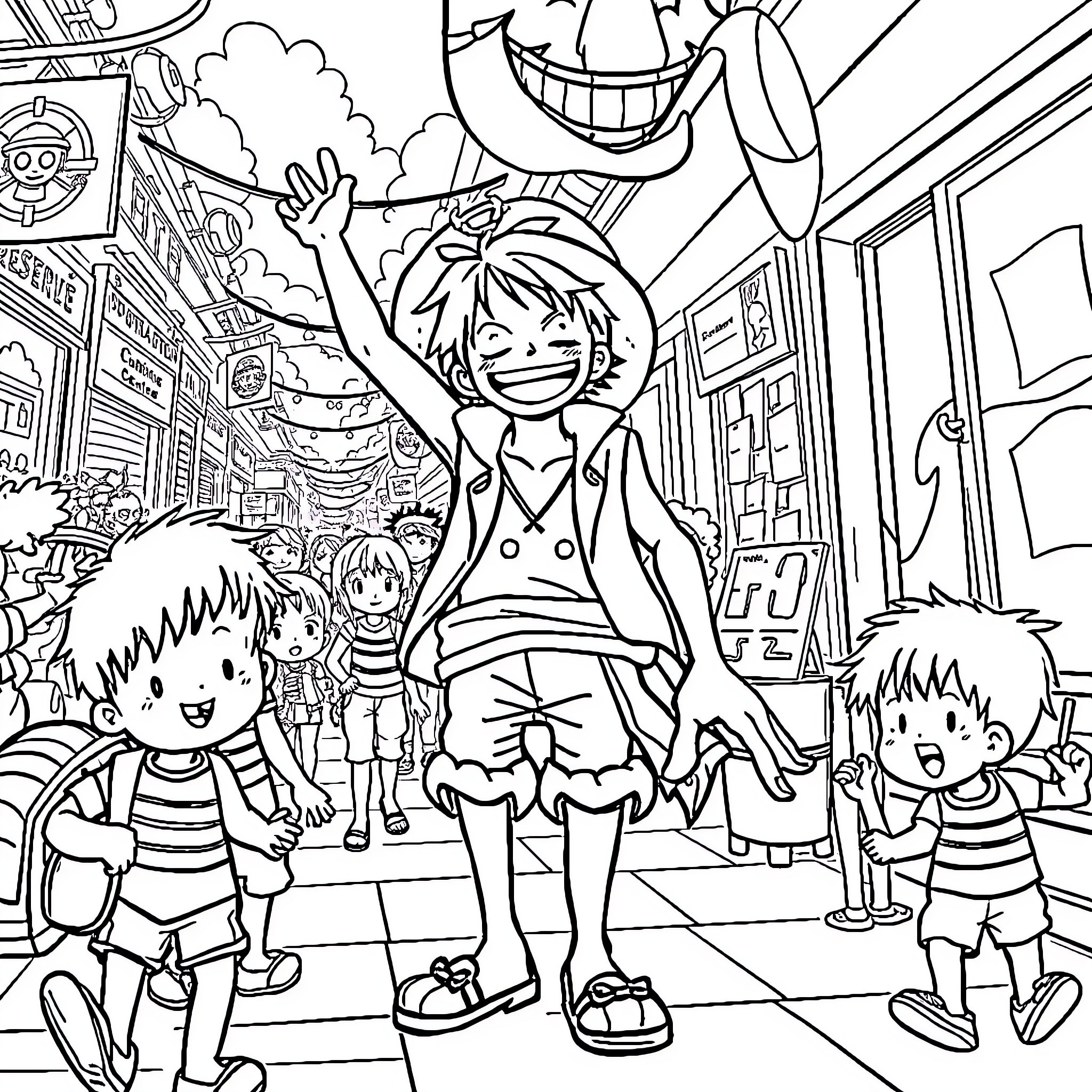 Luffy Enjoys a Lively Adventure with Friends Coloring Page (free black-and-white line drawing printable PDF for all, from beginners to advanced learners, including children, teens, adults, and seniors)