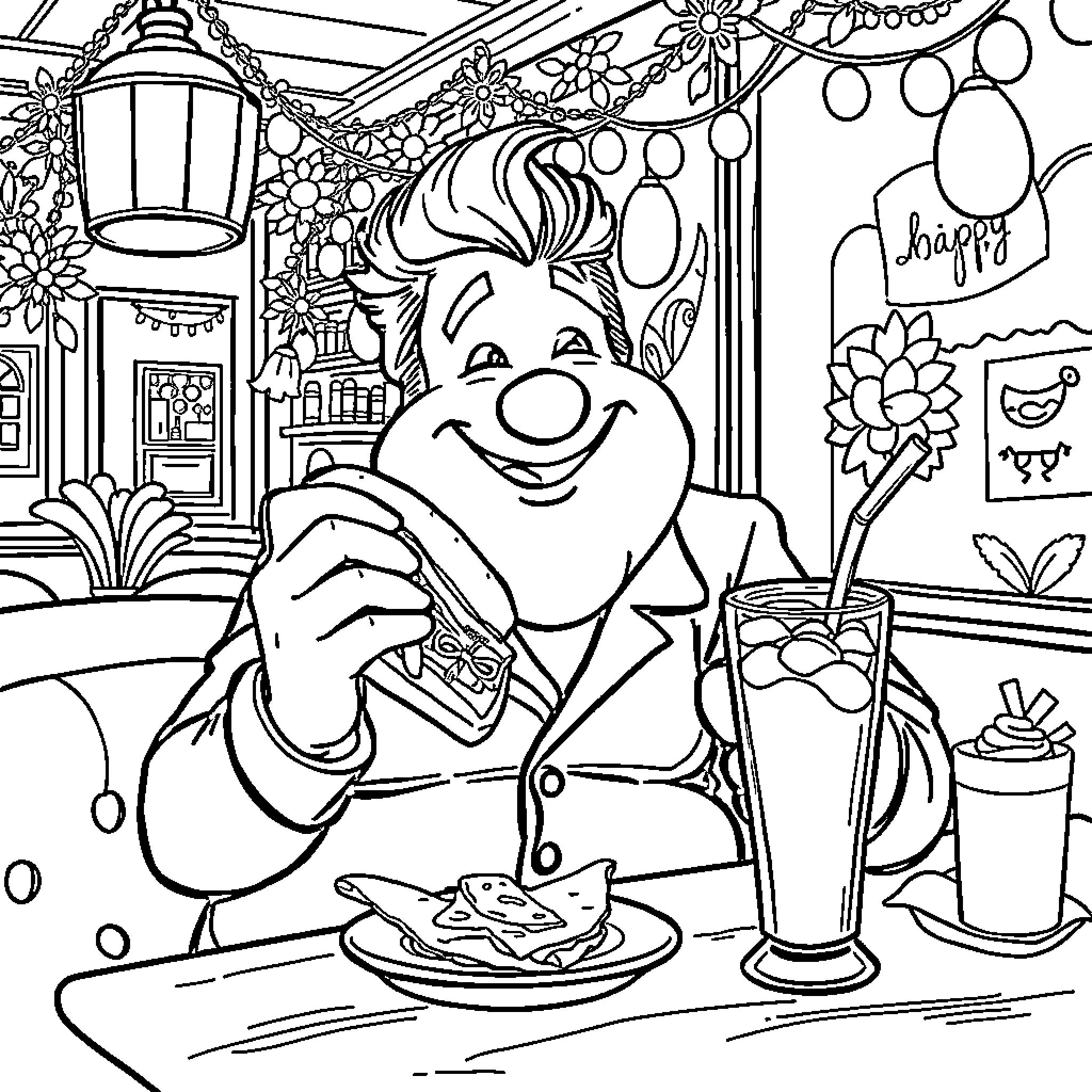 Nick Wilde enjoying a refreshing drink at a colorful cafe Coloring Page (free black-and-white line drawing printable PDF for all, from beginners to advanced learners, including children, teens, adults, and seniors)