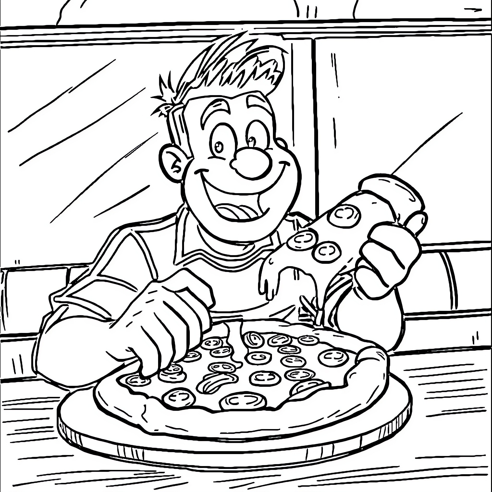 Mike enthusiastically making a pizza Coloring Page (free black-and-white line drawing printable PDF for all, from beginners to advanced learners, including children, teens, adults, and seniors)