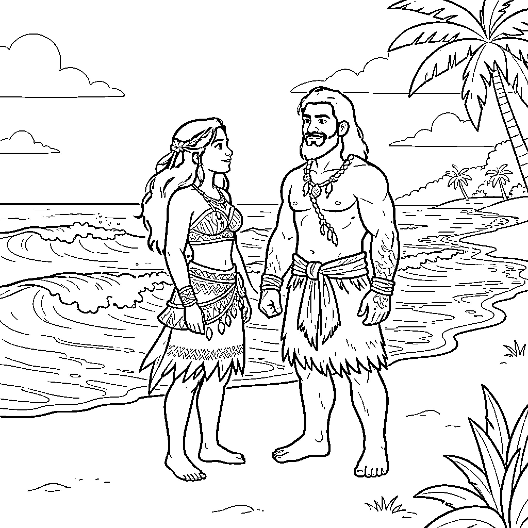 Moana and a man standing on a tropical beach Coloring Page (free black-and-white line drawing printable PDF for all, from beginners to advanced learners, including children, teens, adults, and seniors)