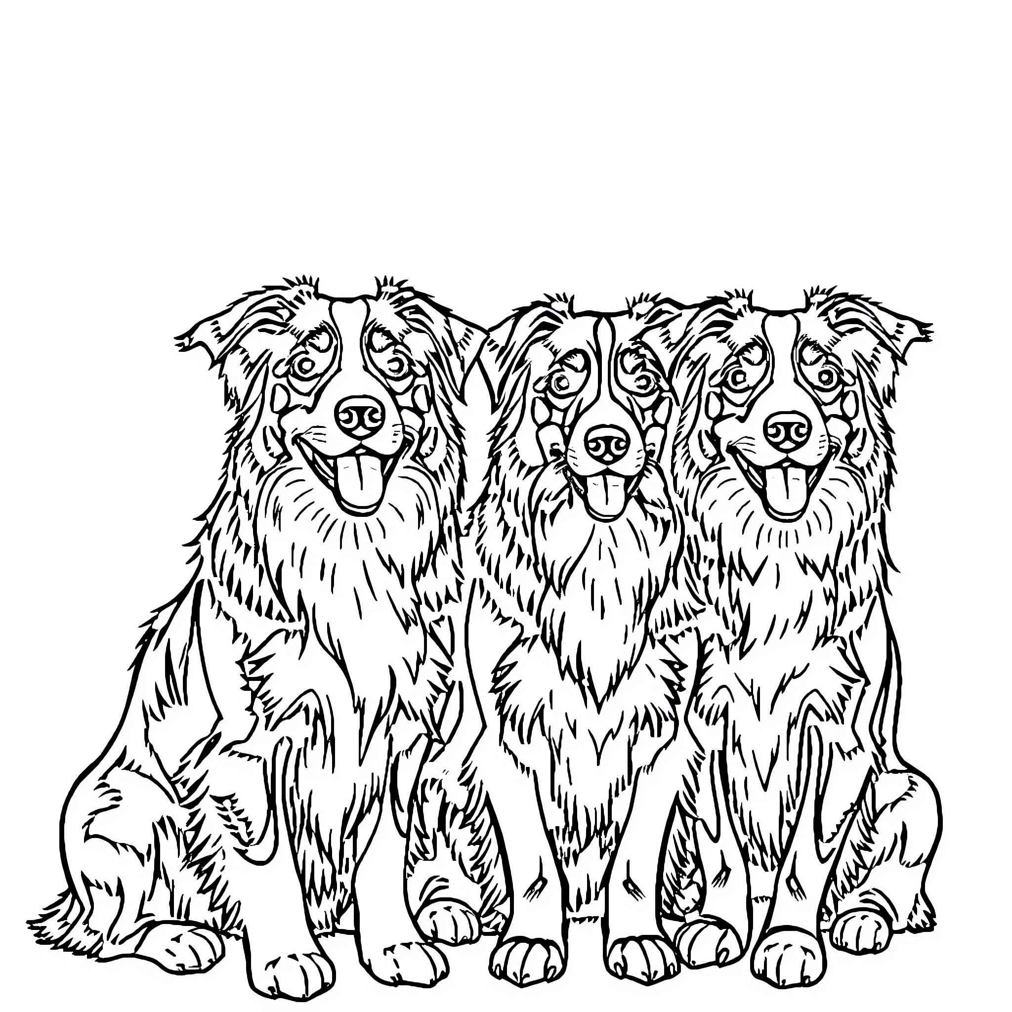 Border Collie trio happily posing together Coloring Page (free black-and-white line drawing printable PDF for all, from beginners to advanced learners, including children, teens, adults, and seniors)