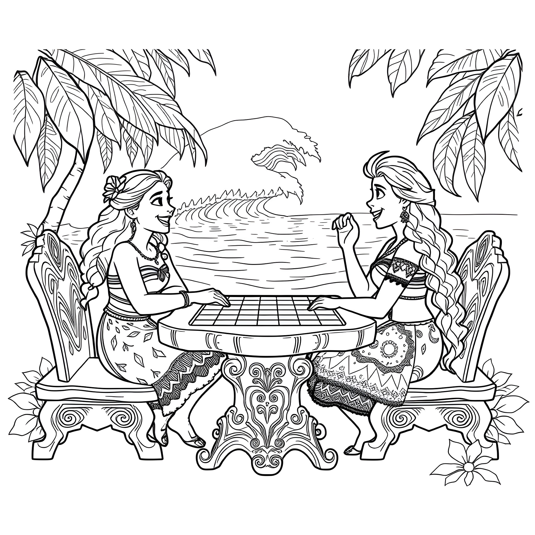 Moana conversing with a friend by the beach Coloring Page (free black-and-white line drawing printable PDF for all, from beginners to advanced learners, including children, teens, adults, and seniors)