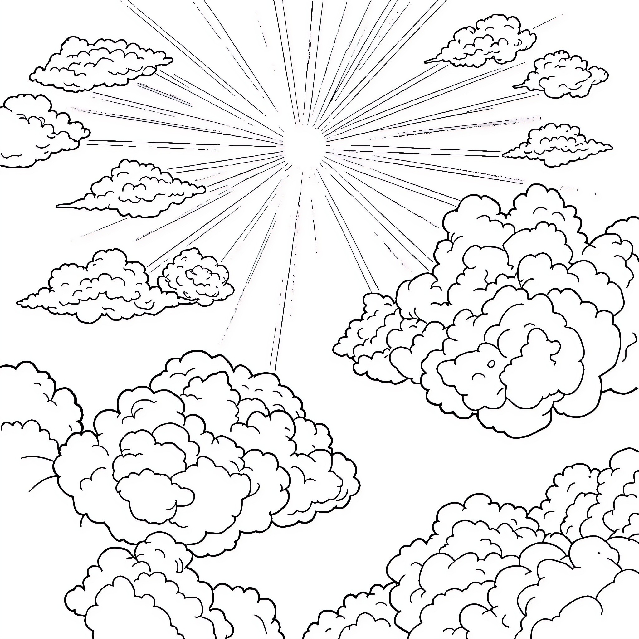 Heaven's Celestial Radiance Coloring Page (free black-and-white line drawing printable PDF for all, from beginners to advanced learners, including children, teens, adults, and seniors)