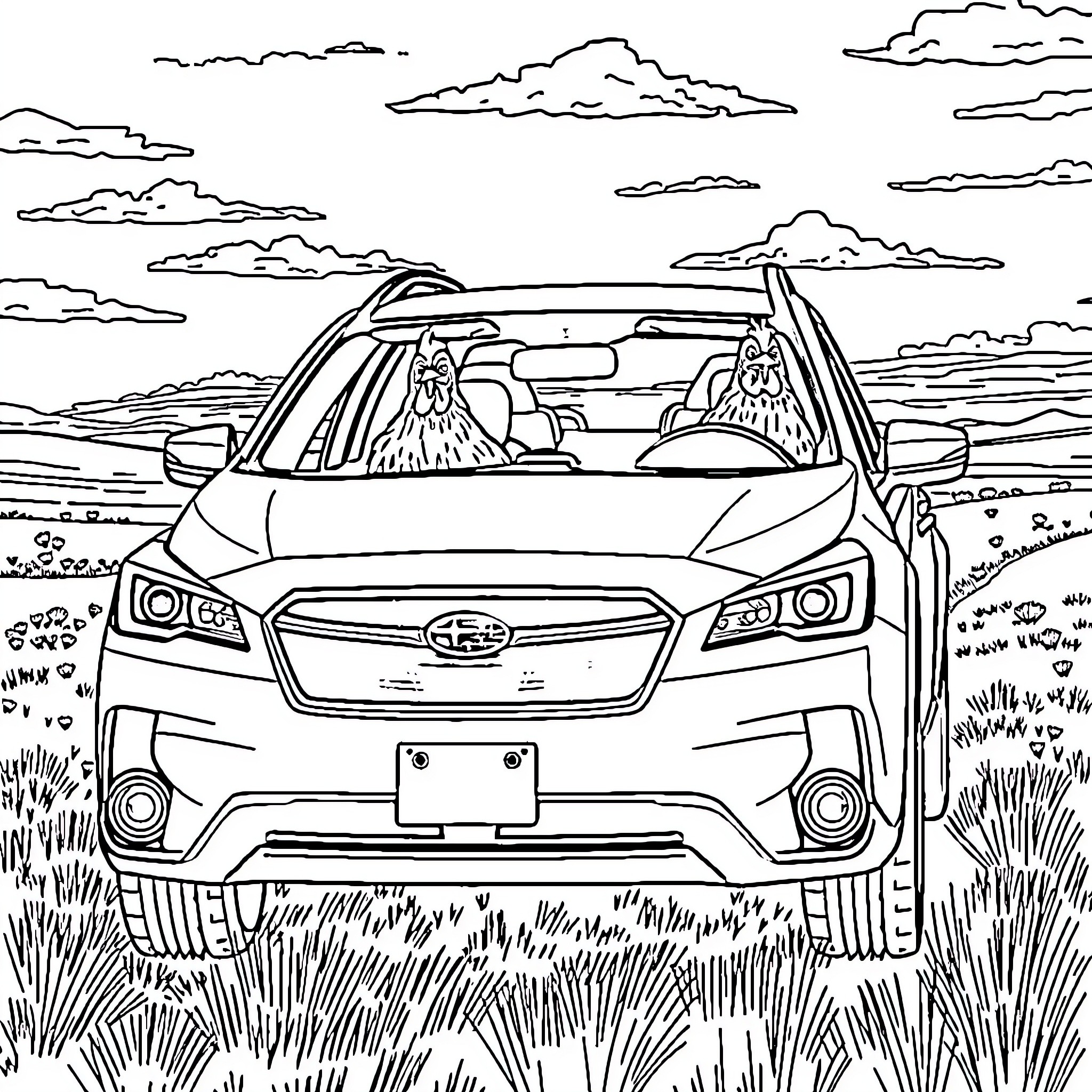Chicken driving a car in the countryside Coloring Page (free black-and-white line drawing printable PDF for all, from beginners to advanced learners, including children, teens, adults, and seniors)