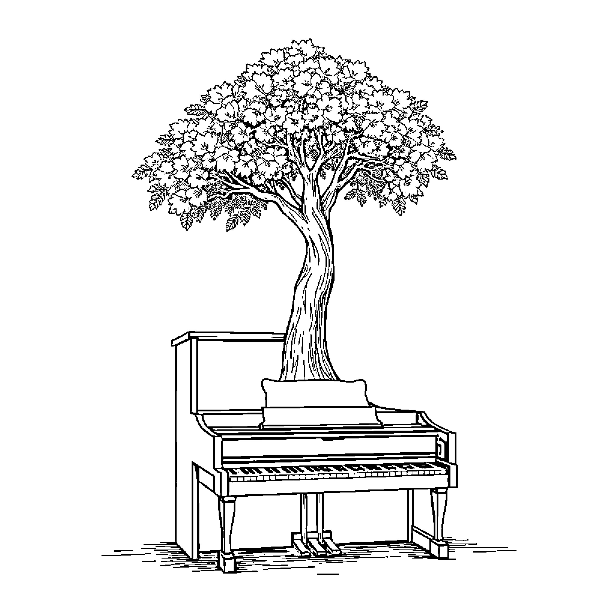 Piano with blooming tree in the background Coloring Page (free black-and-white line drawing printable PDF for all, from beginners to advanced learners, including children, teens, adults, and seniors)