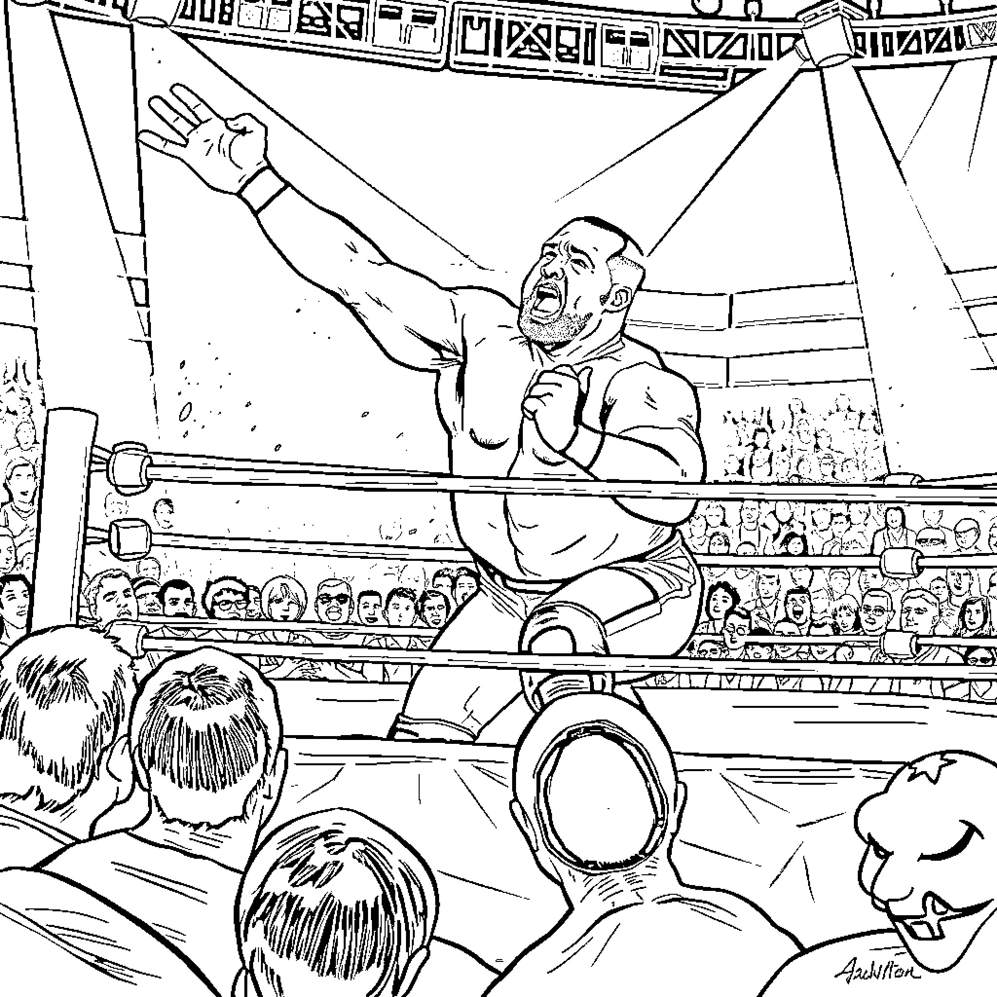 Steve Austin in Intense Wrestling Match Coloring Page (free black-and-white line drawing printable PDF for all, from beginners to advanced learners, including children, teens, adults, and seniors)