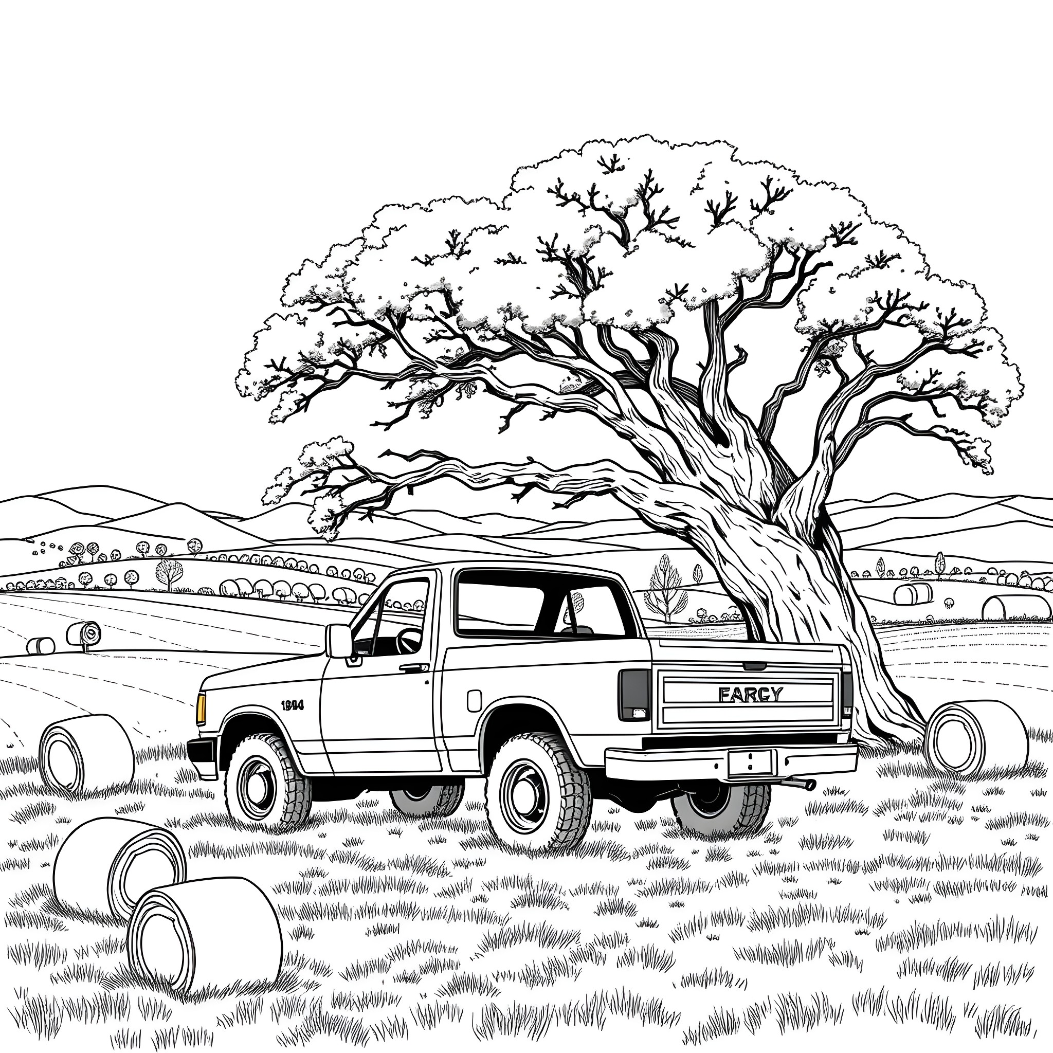 Pickup truck parked under a large tree in a rural landscape Coloring Page (free black-and-white line drawing printable PDF for all, from beginners to advanced learners, including children, teens, adults, and seniors)