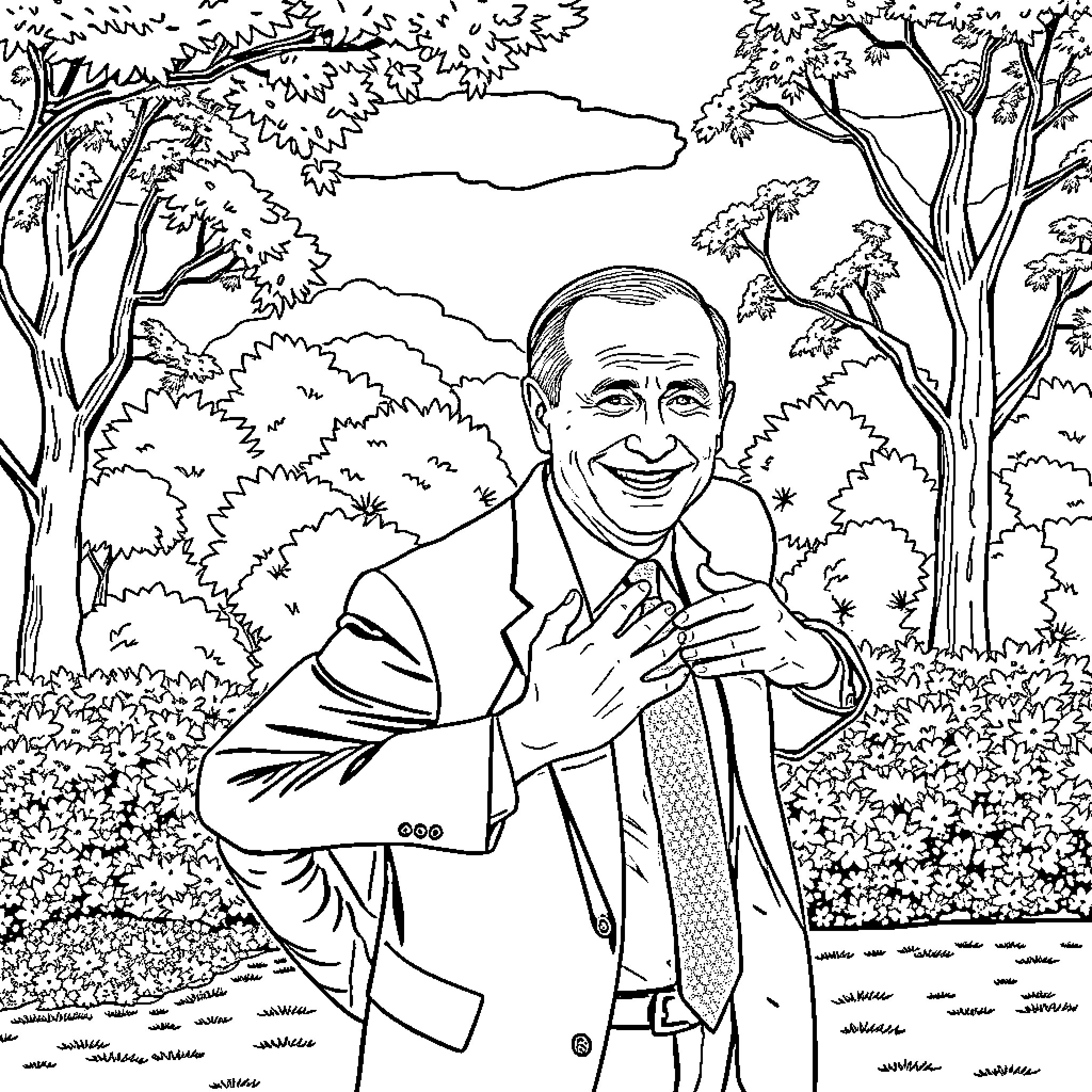 Joe Biden smiling outdoors in a natural setting Coloring Page (free black-and-white line drawing printable PDF for all, from beginners to advanced learners, including children, teens, adults, and seniors)