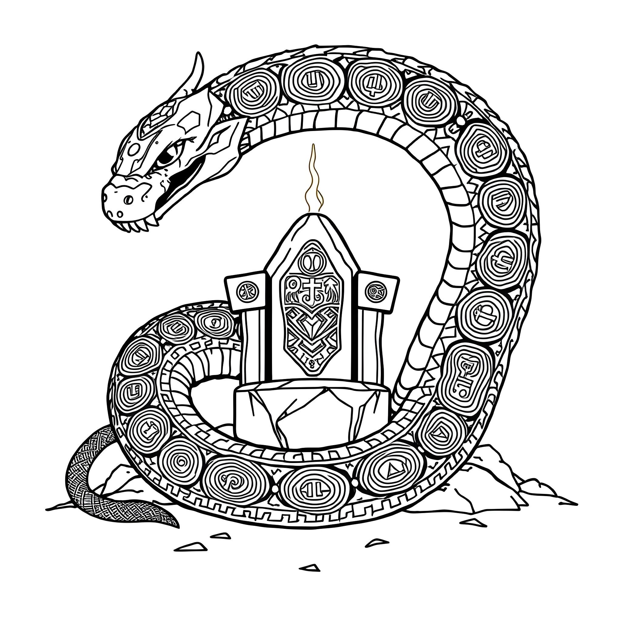 Uktena Guardian of the Ancient Shrine Coloring Page (free black-and-white line drawing printable PDF for all, from beginners to advanced learners, including children, teens, adults, and seniors)