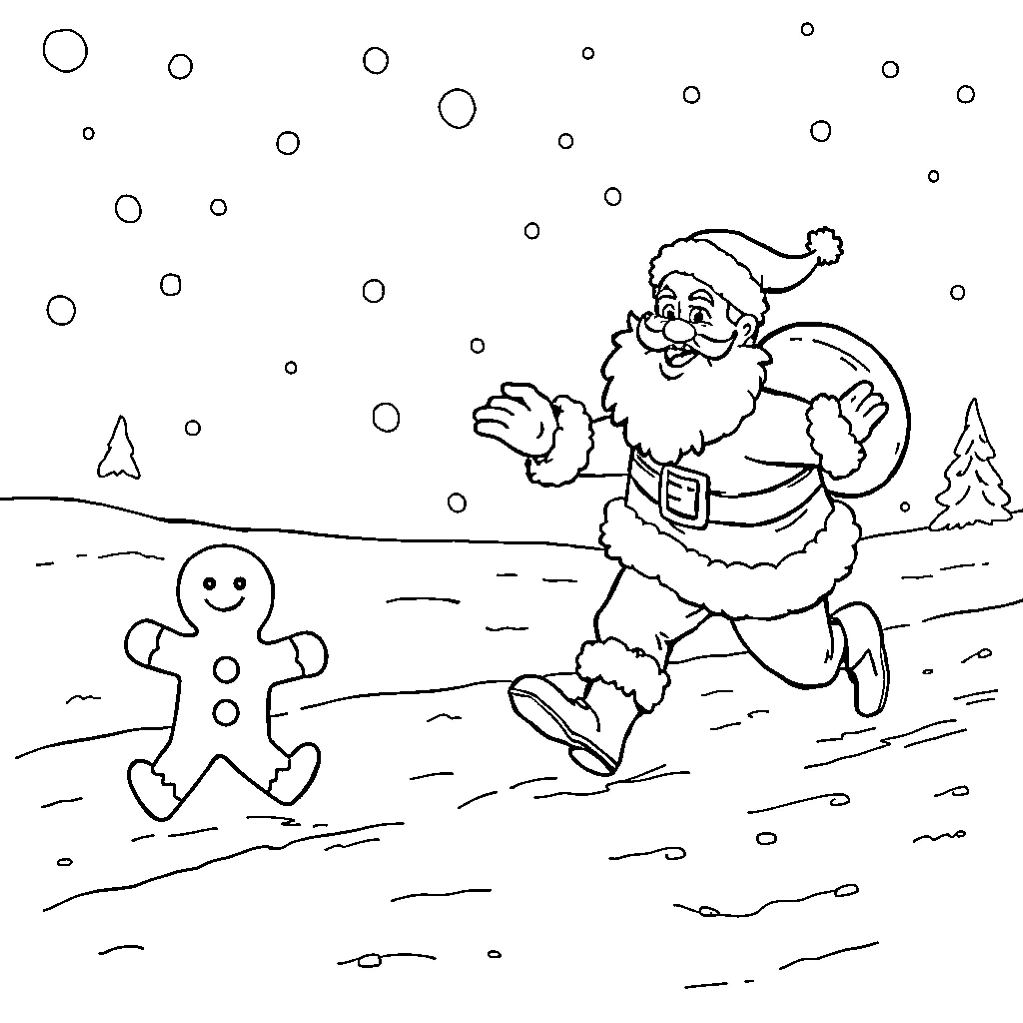 Santa chasing gingerbread man in snowy landscape Coloring Page (free black-and-white line drawing printable PDF for all, from beginners to advanced learners, including children, teens, adults, and seniors)