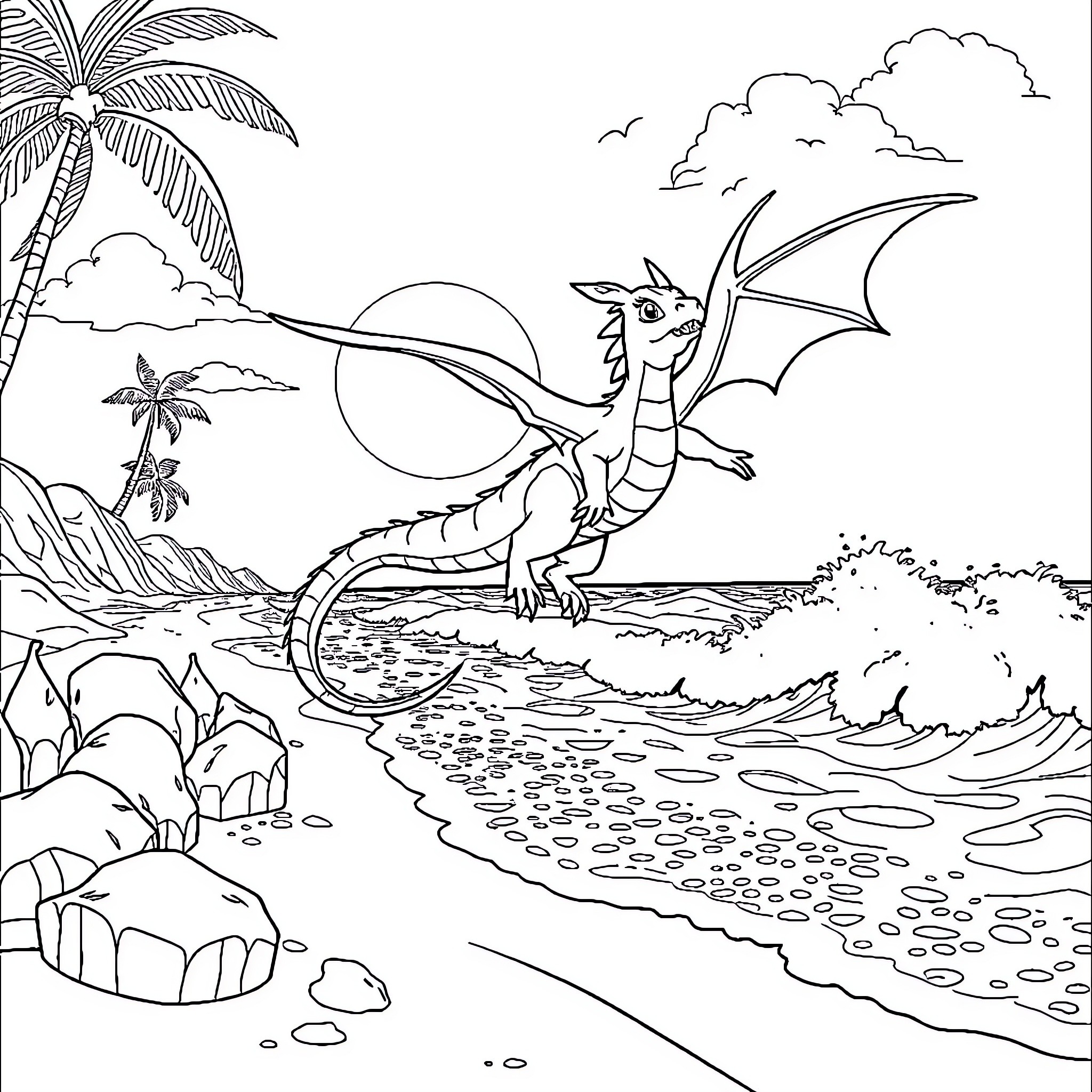 Dragonite exploring a tropical paradise Coloring Page (free black-and-white line drawing printable PDF for all, from beginners to advanced learners, including children, teens, adults, and seniors)