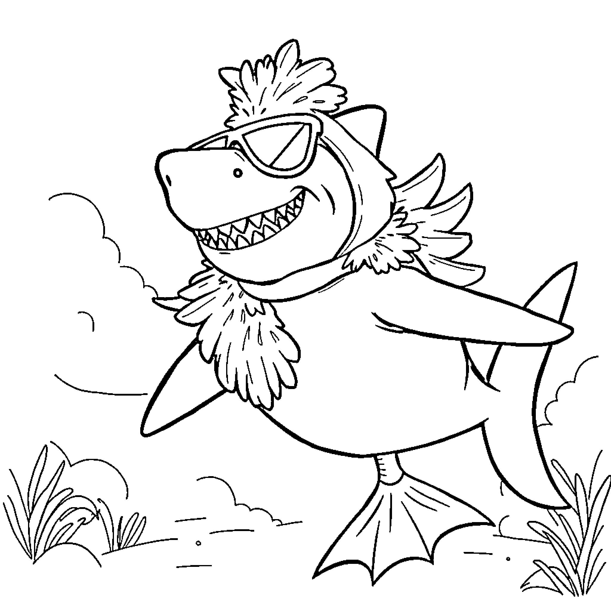 Shark sporting sunglasses in an outdoor scene Coloring Page (free black-and-white line drawing printable PDF for all, from beginners to advanced learners, including children, teens, adults, and seniors)