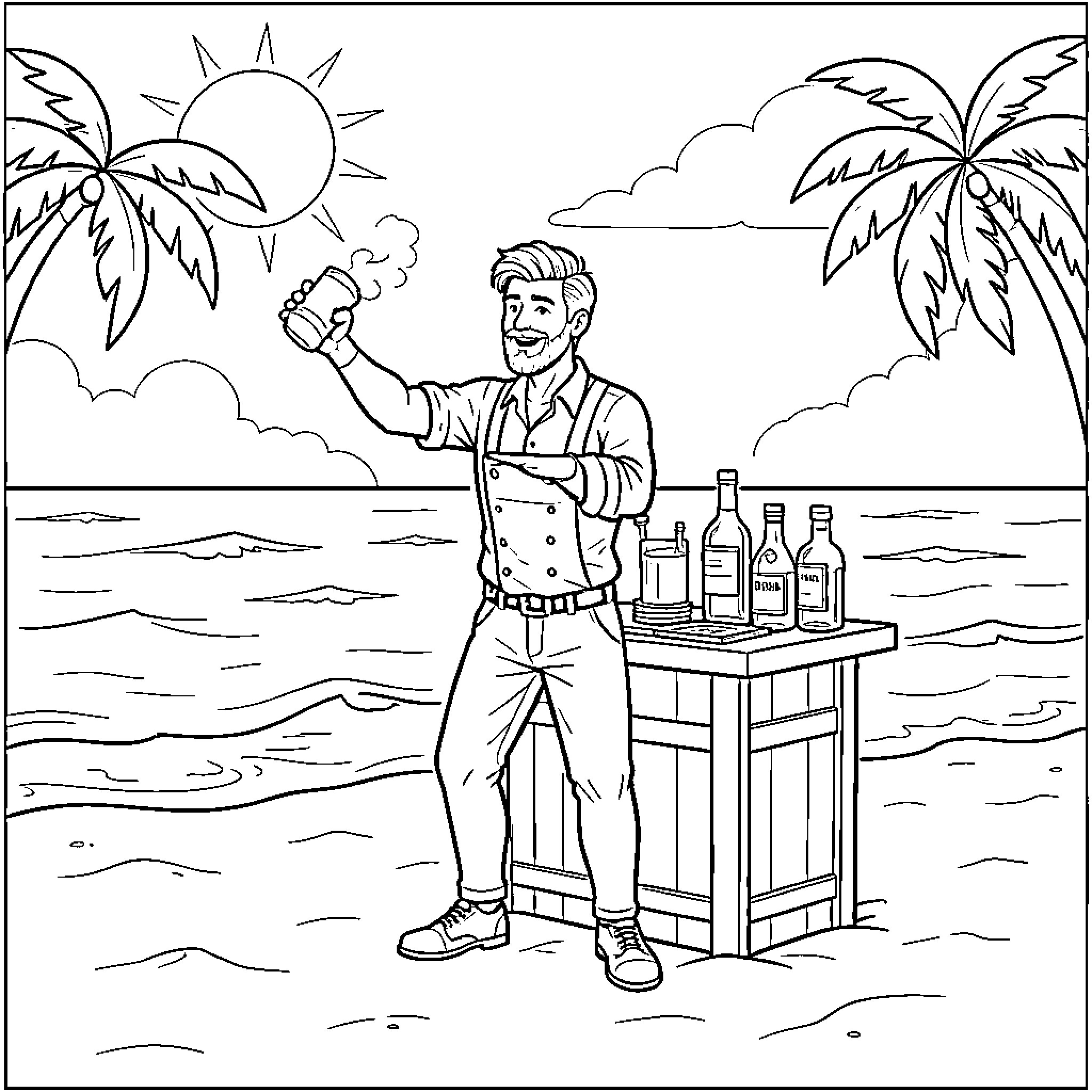 Barman mixing drinks at a beach bar Coloring Page (free black-and-white line drawing printable PDF for all, from beginners to advanced learners, including children, teens, adults, and seniors)