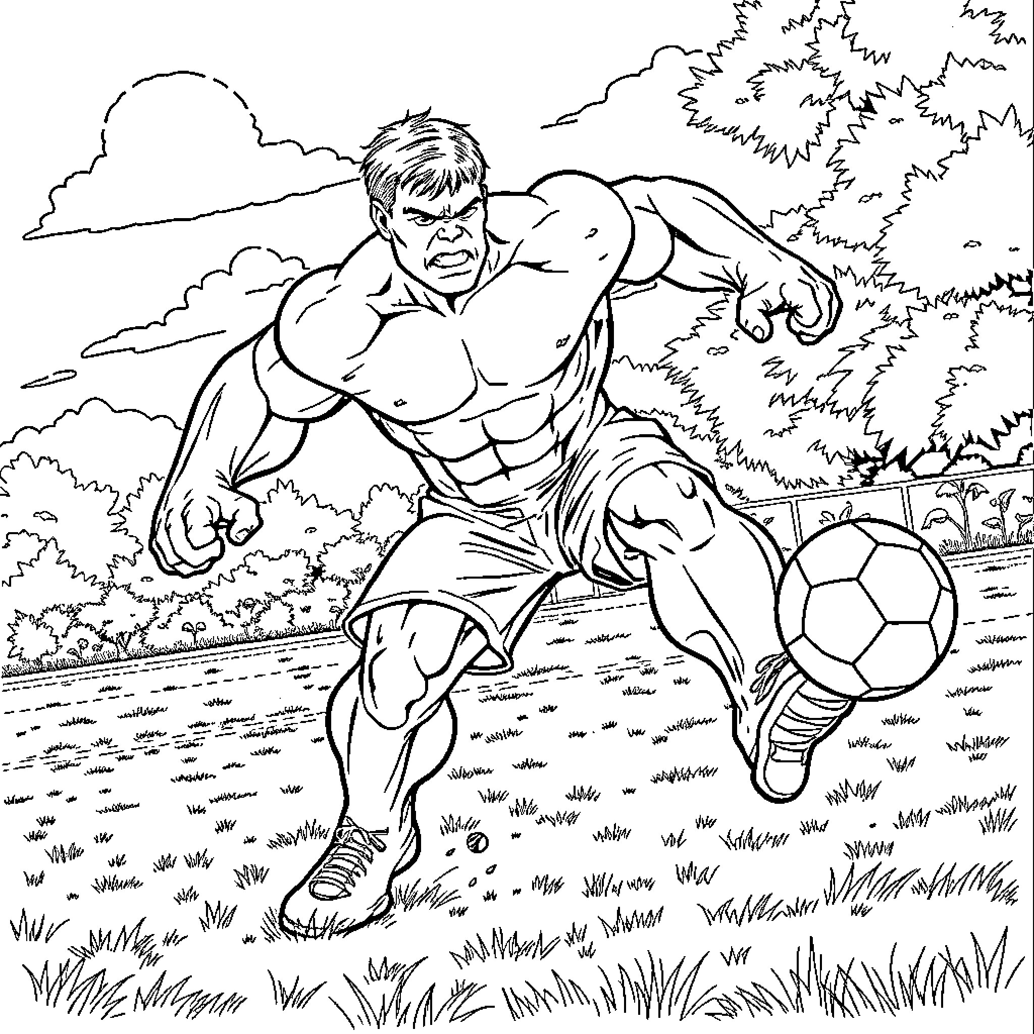 Hulk playing soccer in the park Coloring Page (free black-and-white line drawing printable PDF for all, from beginners to advanced learners, including children, teens, adults, and seniors)