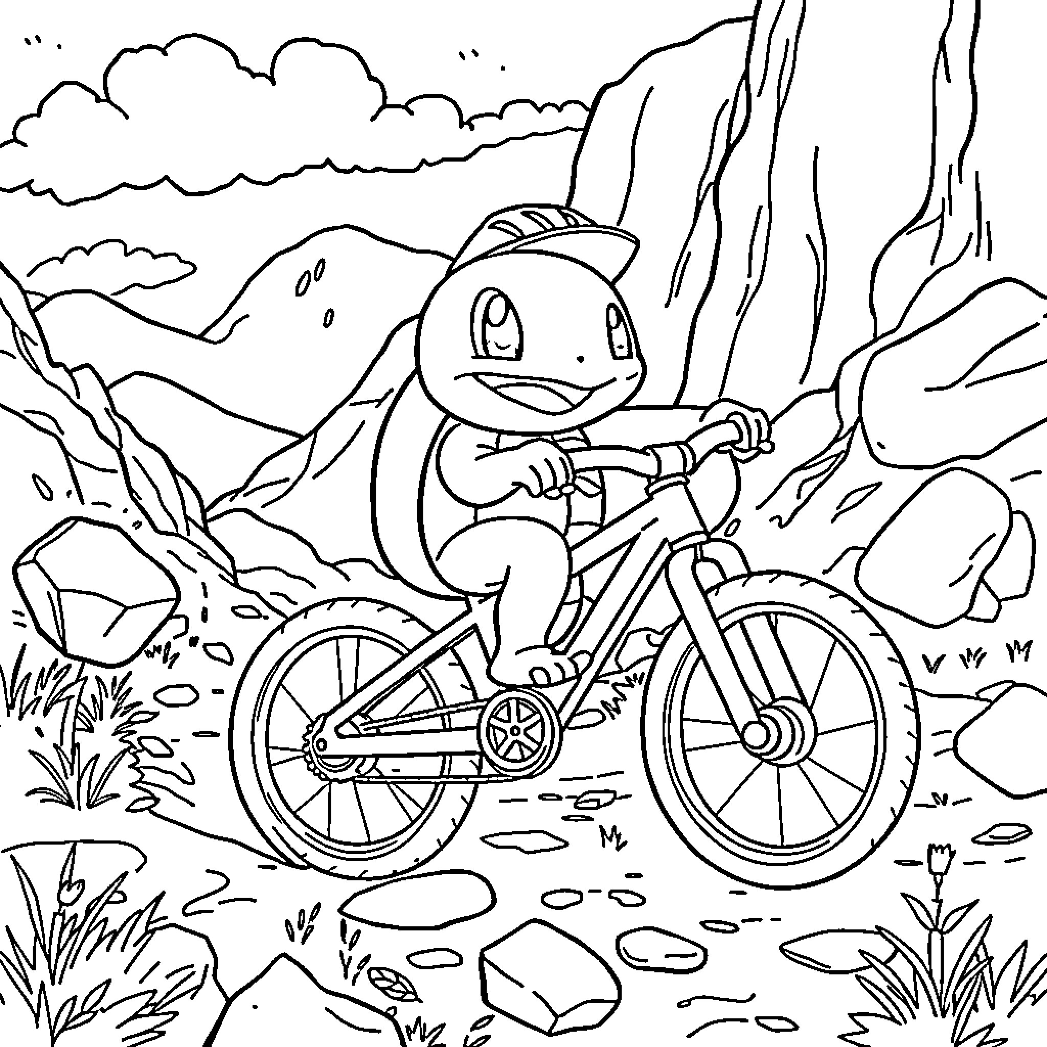 Squirtle riding a bicycle through the mountains Coloring Page (free black-and-white line drawing printable PDF for all, from beginners to advanced learners, including children, teens, adults, and seniors)