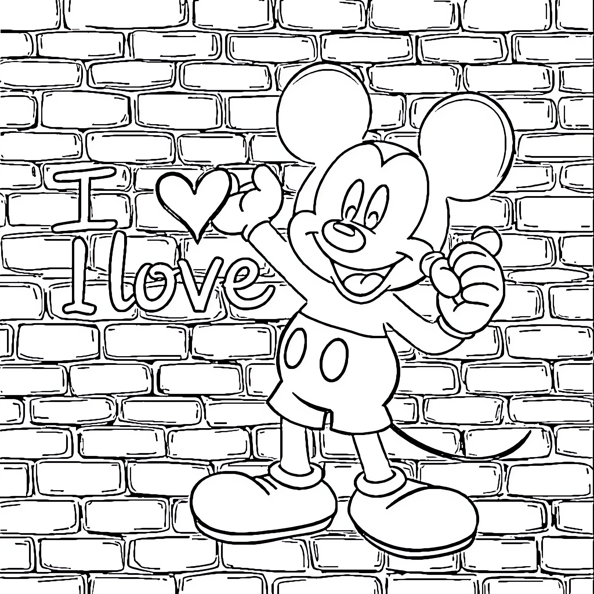 Mickey Mouse expressing love on brick wall Coloring Page (free black-and-white line drawing printable PDF for all, from beginners to advanced learners, including children, teens, adults, and seniors)