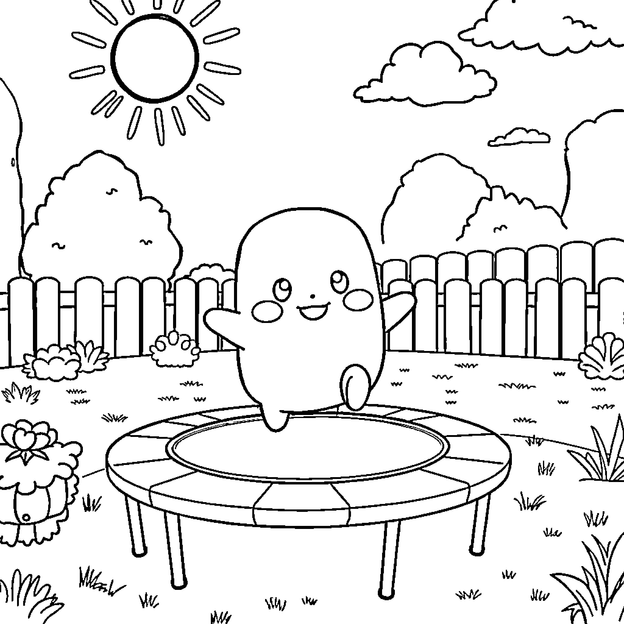 Squishmallow character playing on trampoline in nature Coloring Page (free black-and-white line drawing printable PDF for all, from beginners to advanced learners, including children, teens, adults, and seniors)