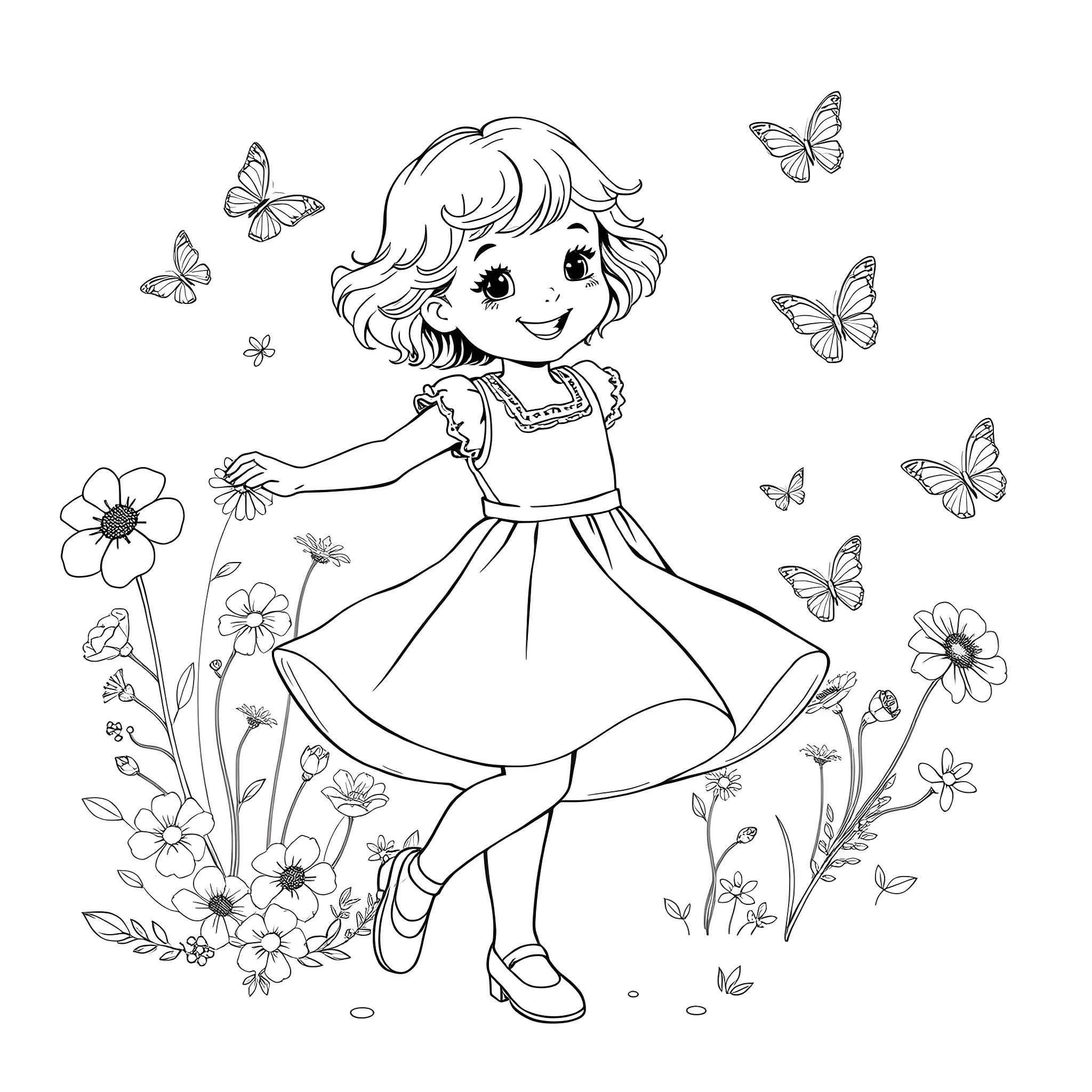 Girl playing happily with butterflies in the garden Coloring Page (free black-and-white line drawing printable PDF for all, from beginners to advanced learners, including children, teens, adults, and seniors)