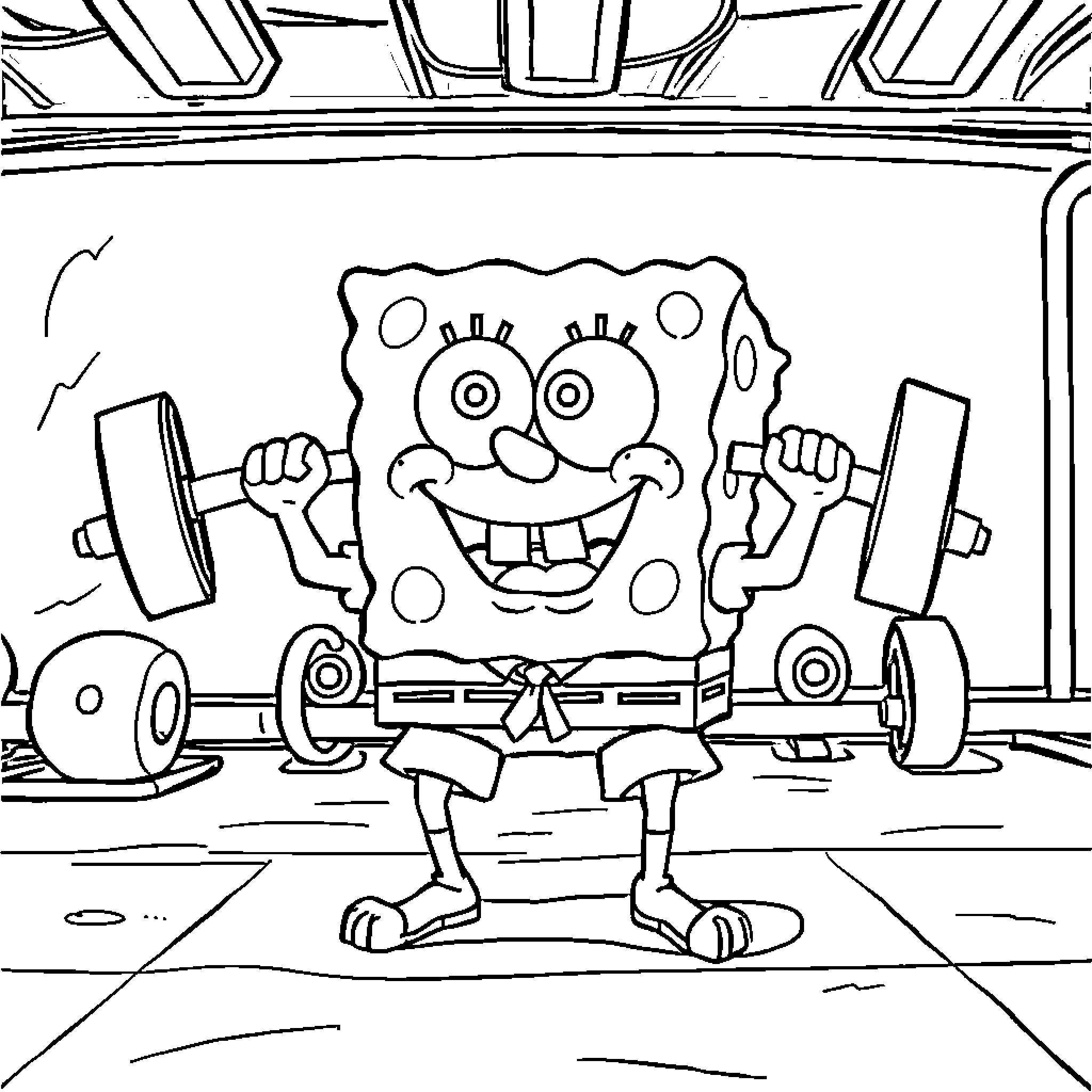 Spongebob's Workout in the Gym Coloring Page (free black-and-white line drawing printable PDF for all, from beginners to advanced learners, including children, teens, adults, and seniors)
