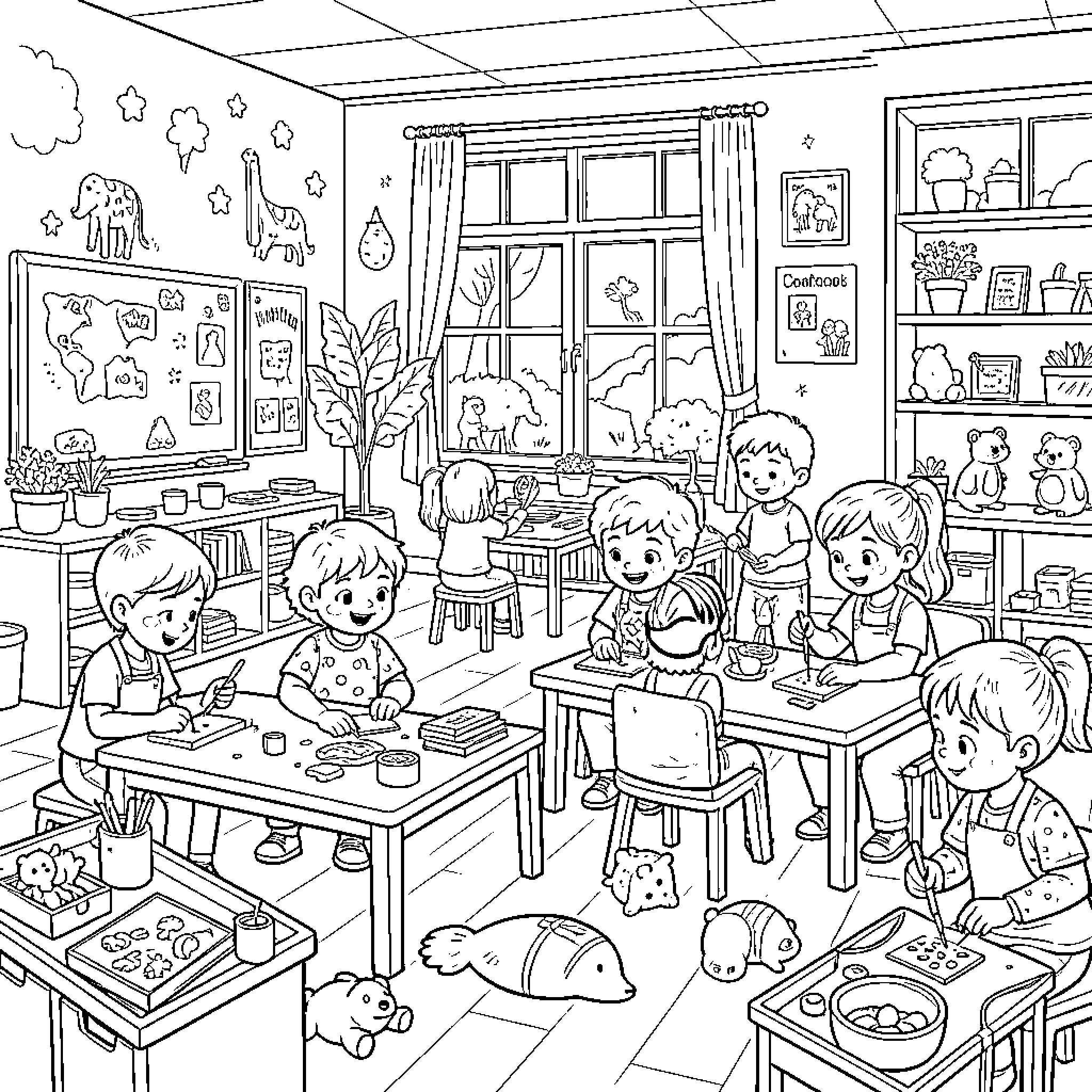 Montessori Children's Classroom with Engaging Activities Coloring Page (free black-and-white line drawing printable PDF for all, from beginners to advanced learners, including children, teens, adults, and seniors)