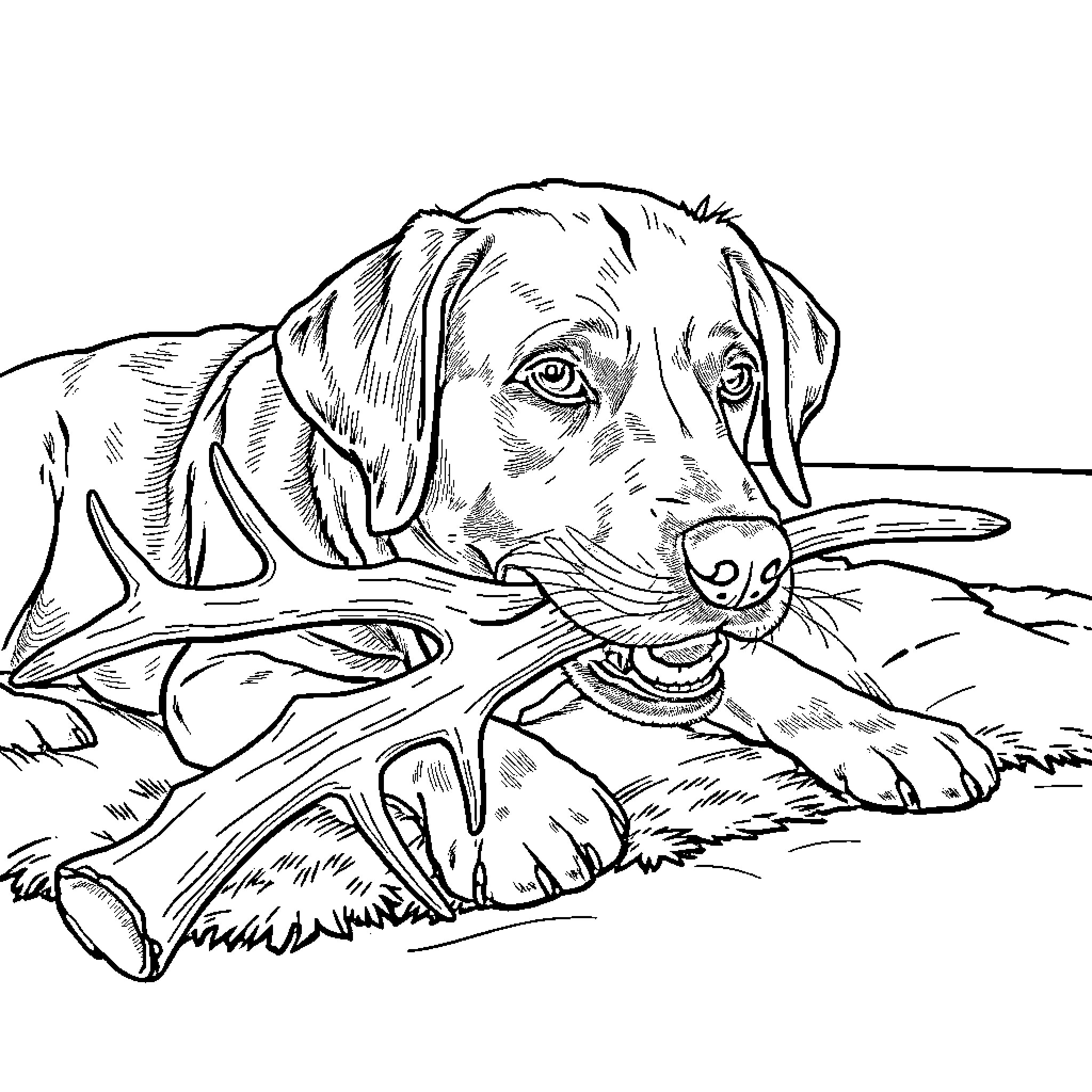 Lab Dog Resting with Deer Antlers Coloring Page (free black-and-white line drawing printable PDF for all, from beginners to advanced learners, including children, teens, adults, and seniors)