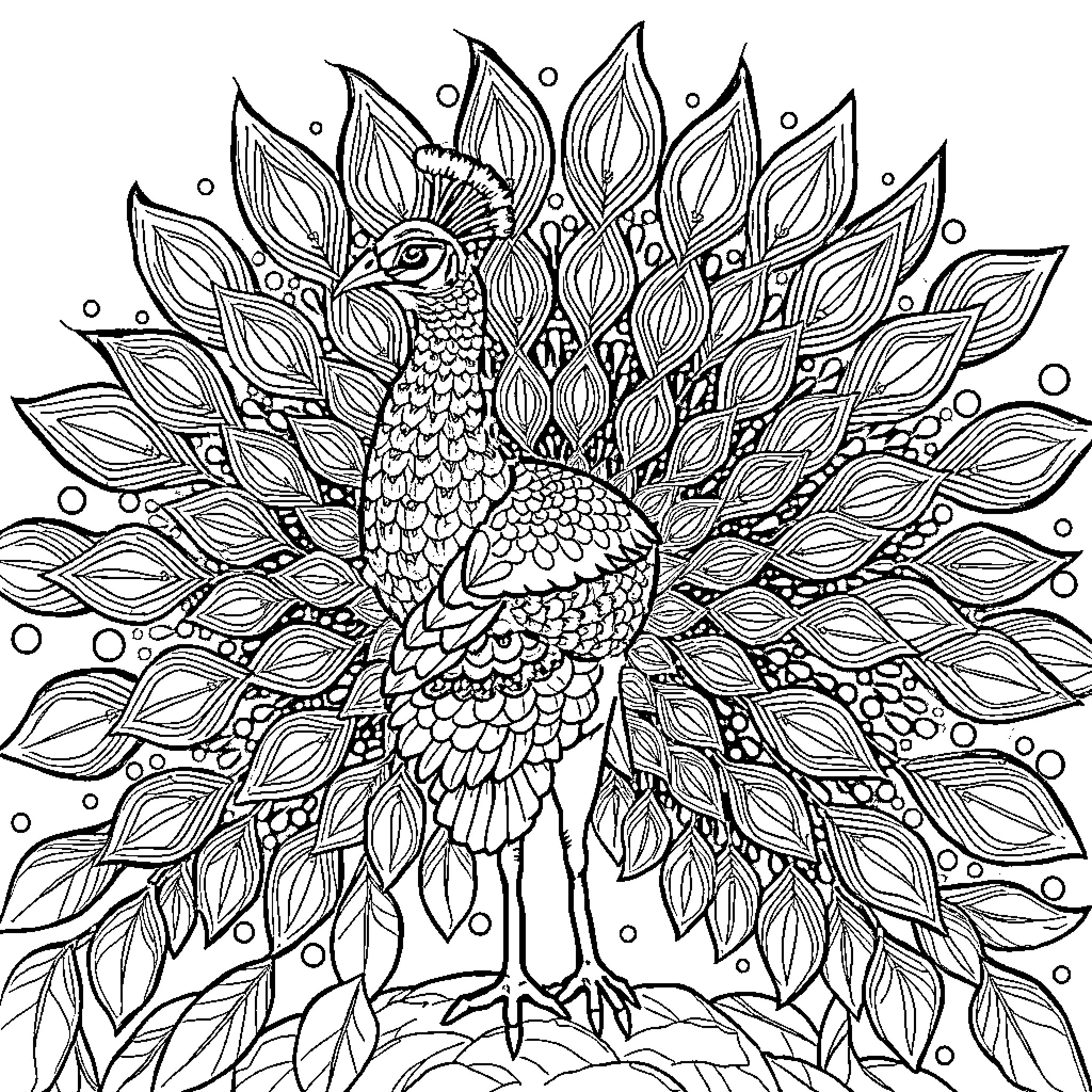 Peacock showcasing its magnificent plumage Coloring Page (free black-and-white line drawing printable PDF for all, from beginners to advanced learners, including children, teens, adults, and seniors)