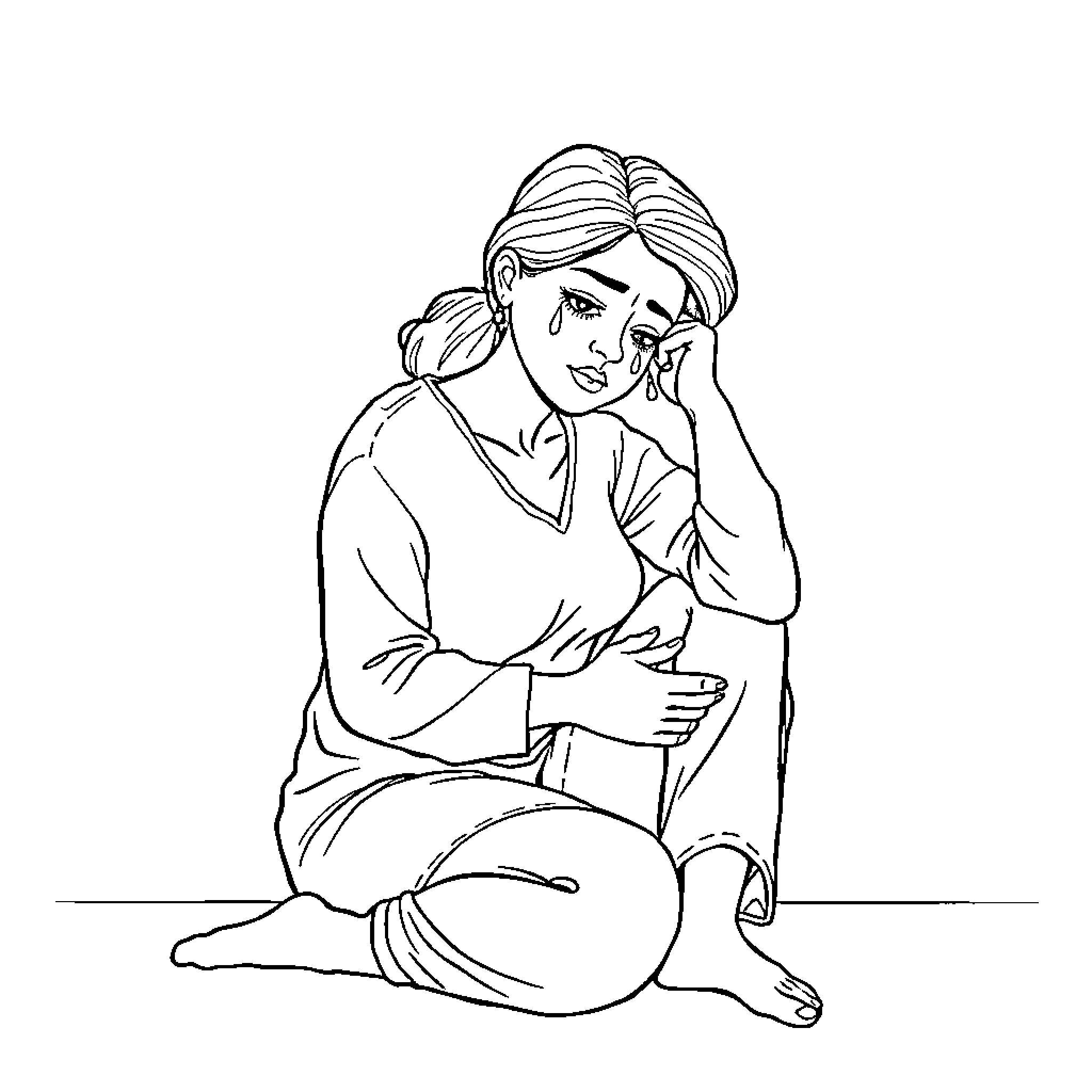 Mom contemplating thoughtfully on the floor Coloring Page (free black-and-white line drawing printable PDF for all, from beginners to advanced learners, including children, teens, adults, and seniors)