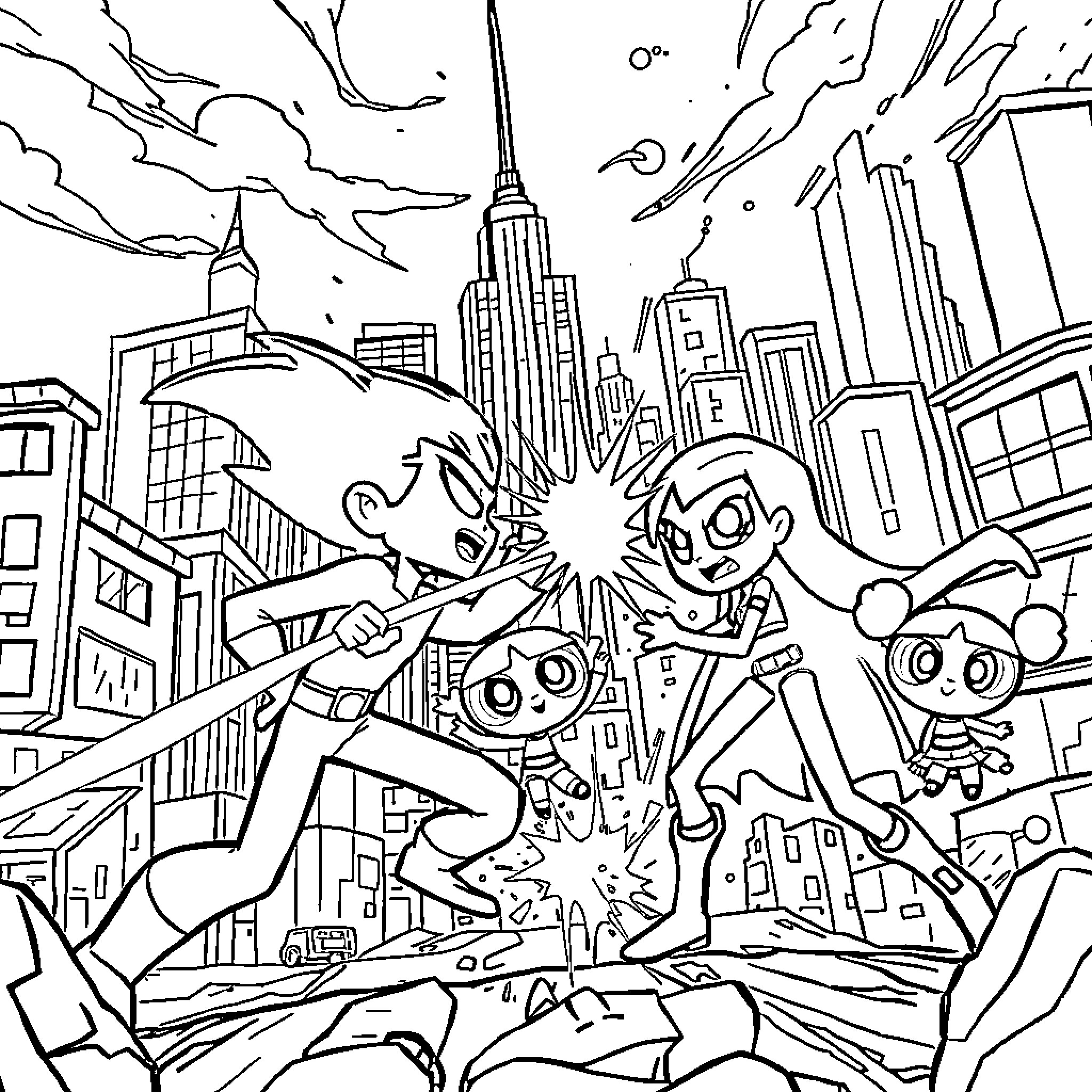 Teen Titans Battling Villains in the City Coloring Page (free black-and-white line drawing printable PDF for all, from beginners to advanced learners, including children, teens, adults, and seniors)