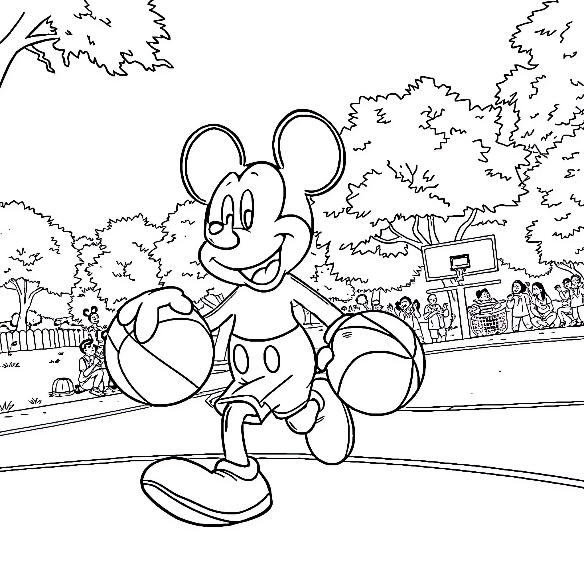 Mickey Mouse happily playing in the park Coloring Page (free black-and-white line drawing printable PDF for all, from beginners to advanced learners, including children, teens, adults, and seniors)