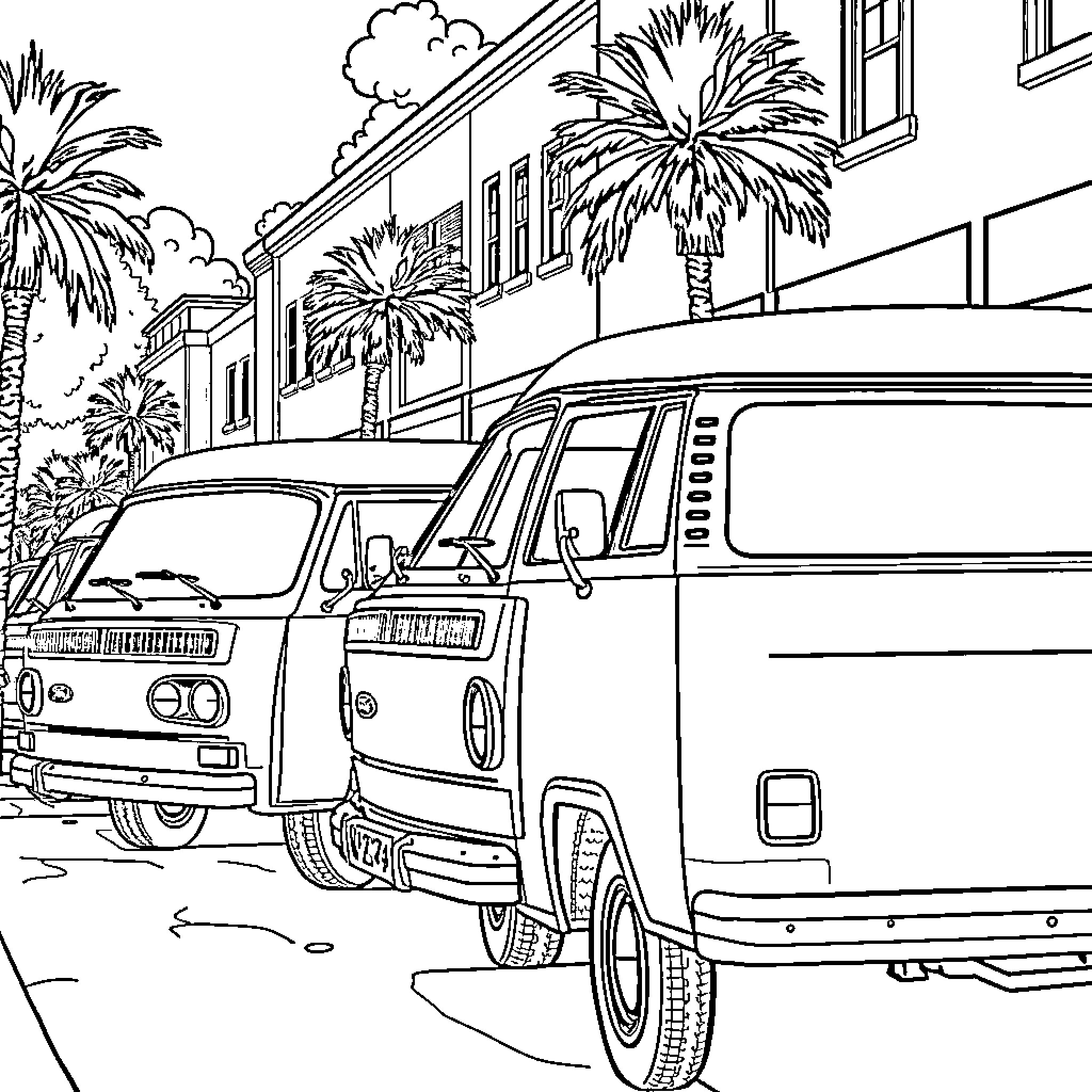 Ford Van on a Tropical Street Coloring Page (free black-and-white line drawing printable PDF for all, from beginners to advanced learners, including children, teens, adults, and seniors)